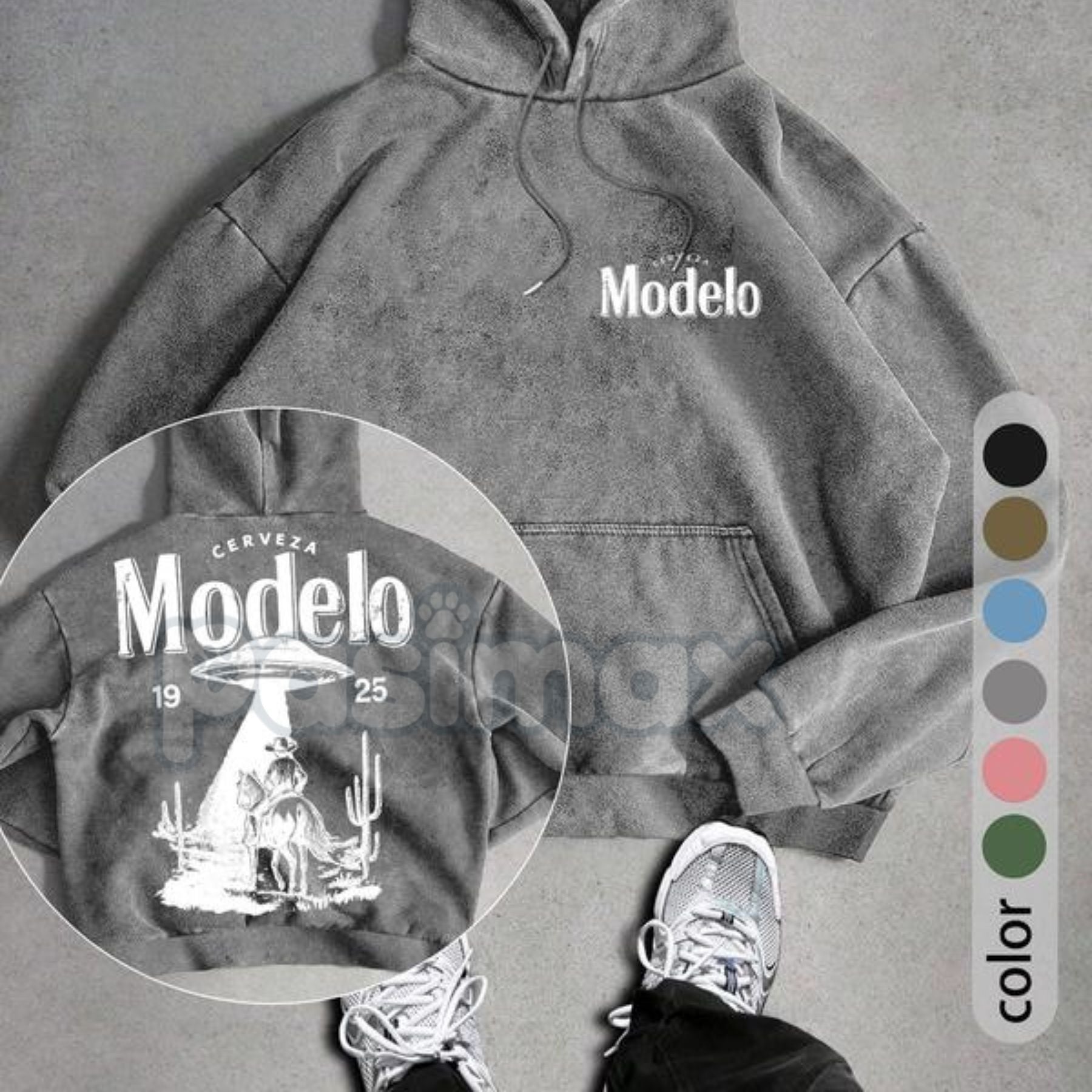 Pasimax UFO Cowboy Showdown Hoodie – Men's Retro Washed Streetwear, Unique Graphic Pullover — detail close-up