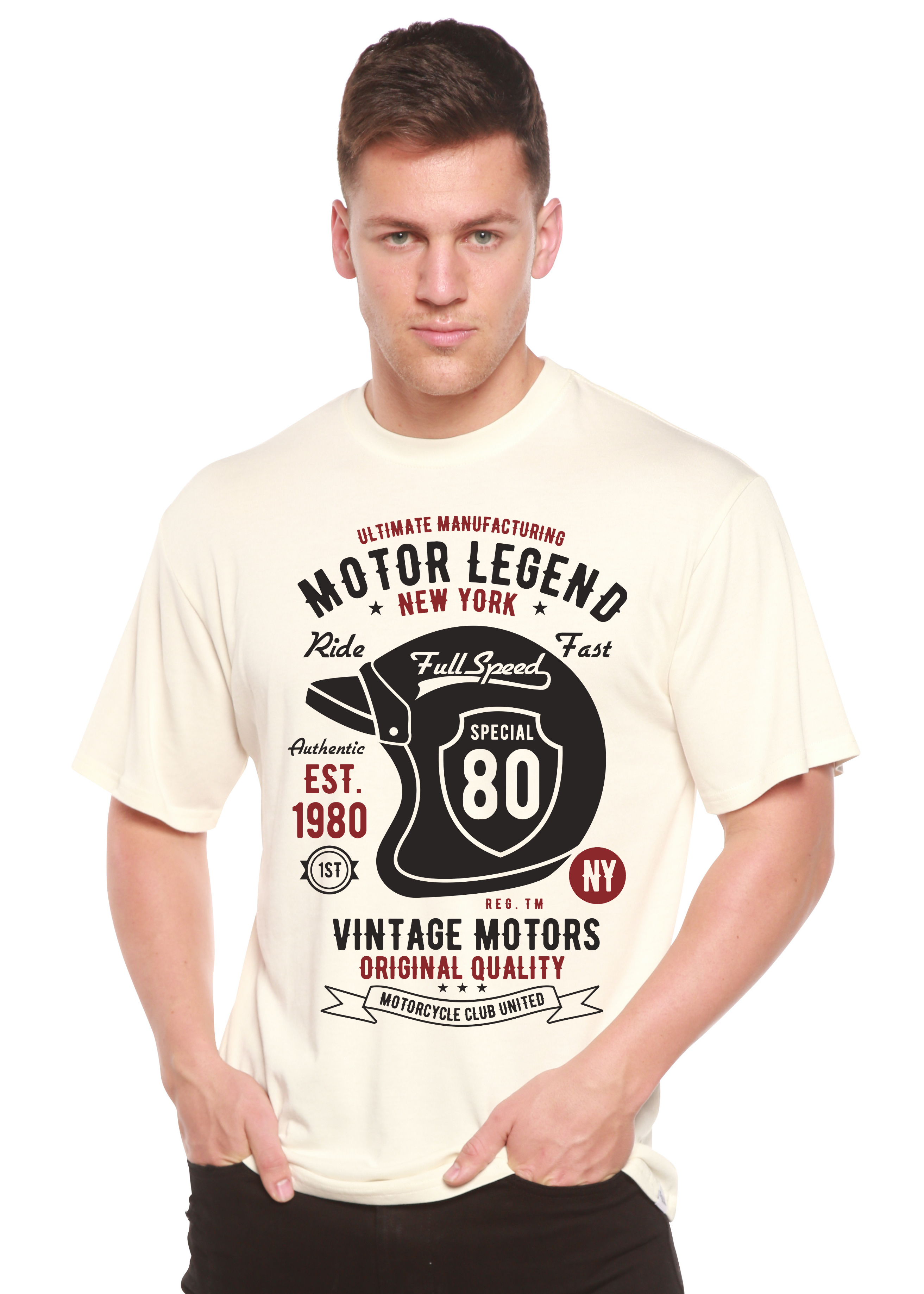 Spun Bamboo Motor Legend Helmet Men's Bamboo Viscose/Organic Cotton Short Sleeve Graphic T-Shirt — lifestyle context