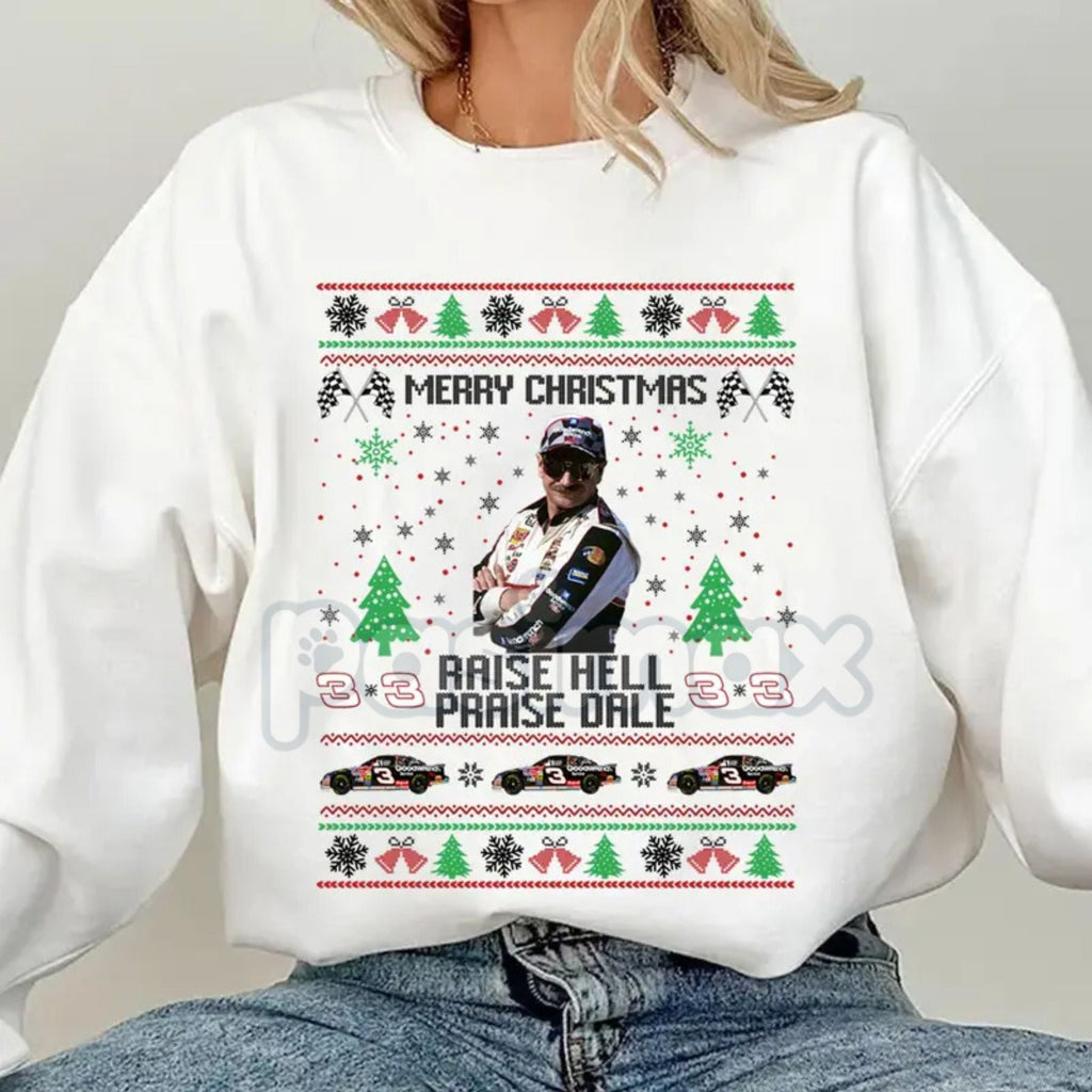 Pasimax Merry Christmas Raise Hell Praise Dale Sweatshirt | Funny NASCAR Dale Earnhardt Holiday Jumper | Rebel Fan Gift Crewn
