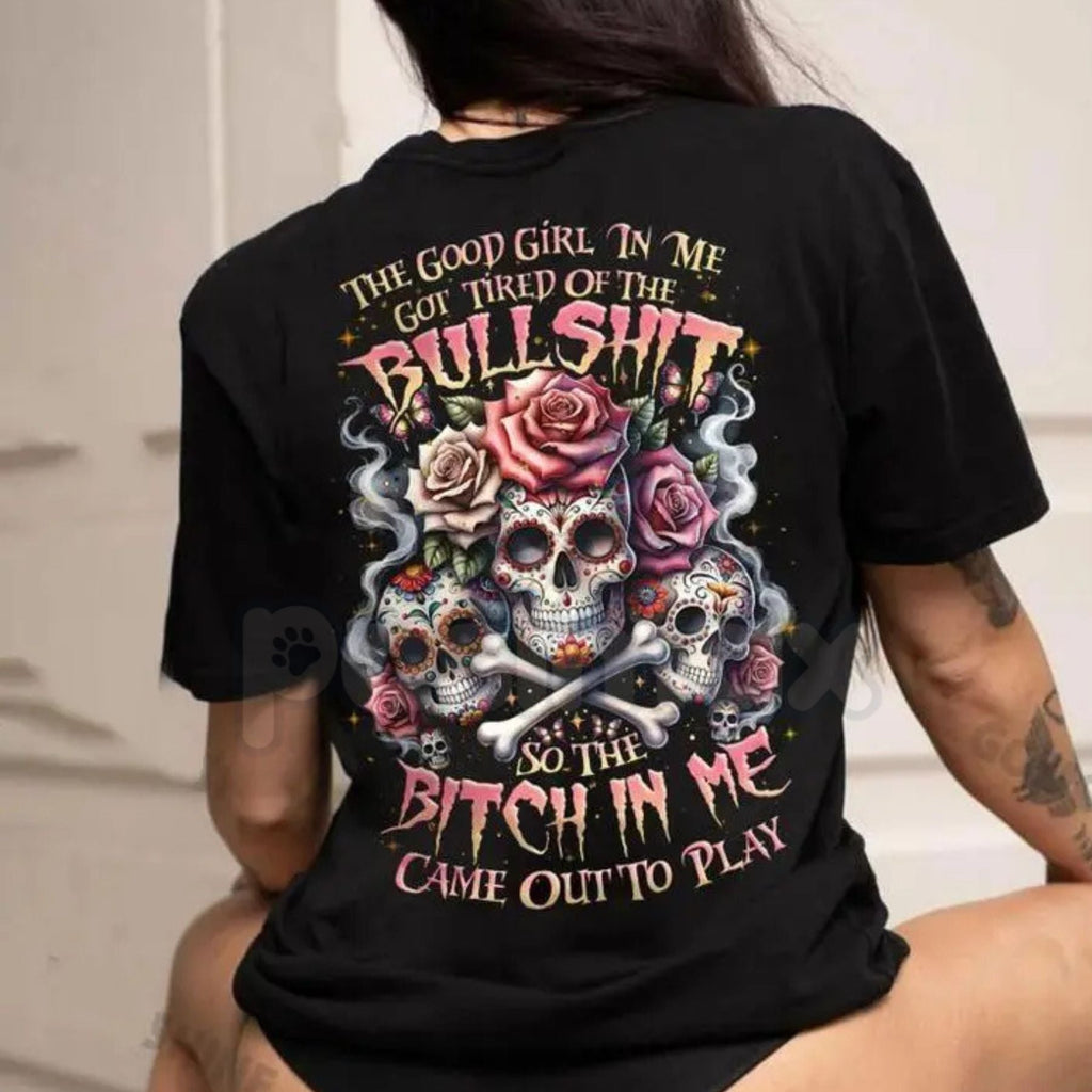 Pasimax The Good Girl In Me Got Tired – Lady's Skull Graphic Hoodie, Edgy Sweatshirt & Vintage T-Shirt — detail close-up