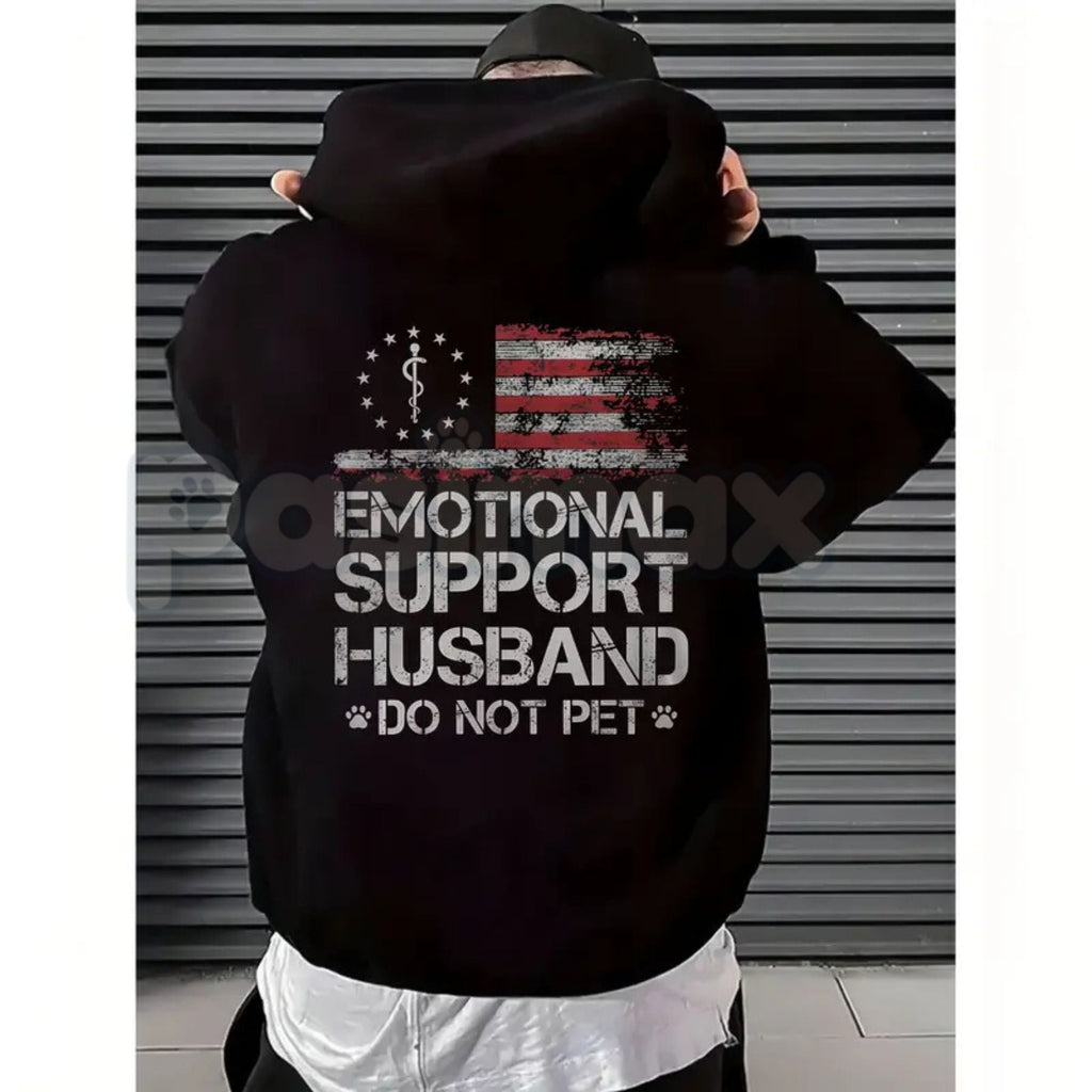 Pasimax Emotional Support Husband – Funny Husband Graphic Hoodie, Sarcastic Marriage Sweatshirt & T-Shirt — side view