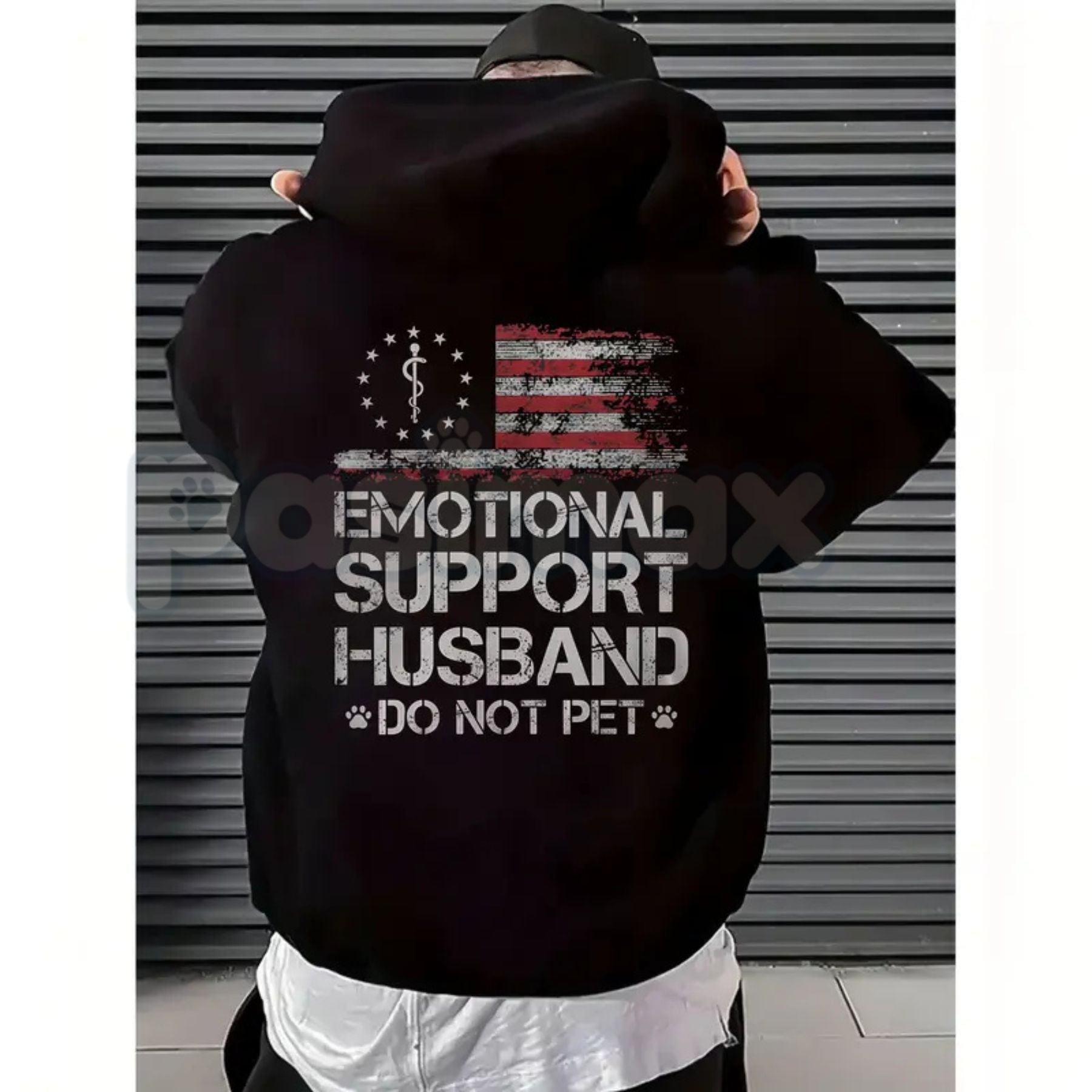 Pasimax Emotional Support Husband – Funny Husband Graphic Hoodie, Sarcastic Marriage Sweatshirt & T-Shirt — side view