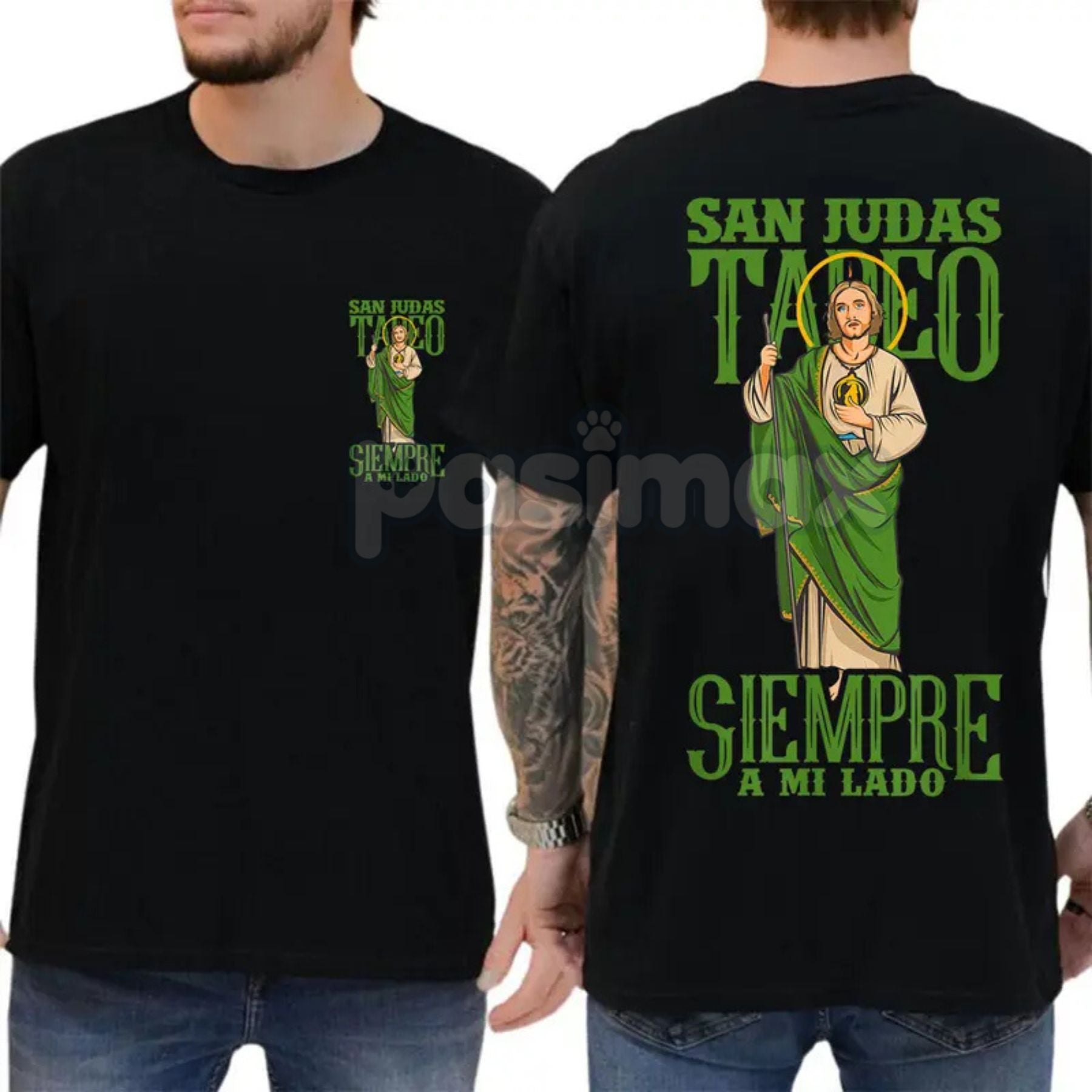 Pasimax San Judas Tadeo Iconic Portrait T-Shirt — detail close-up