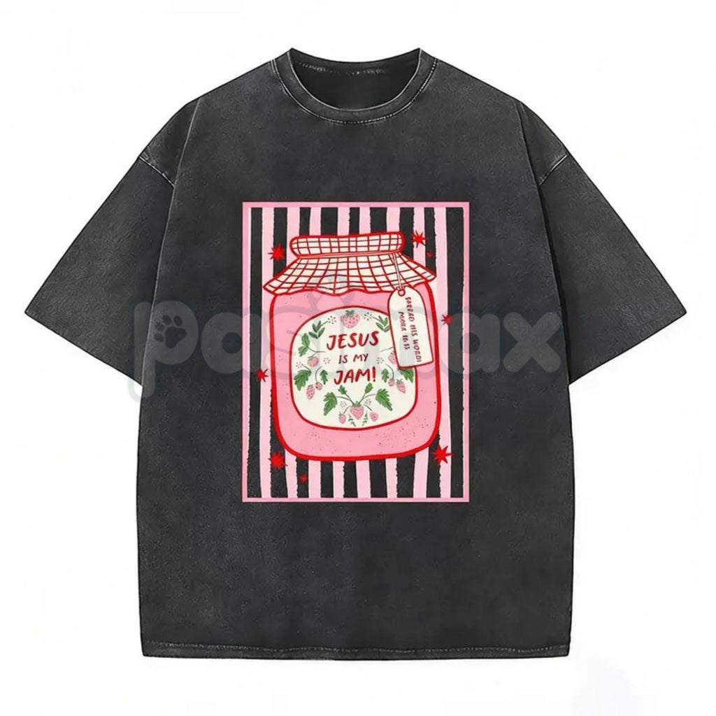 Jesus Is My Jam Strawberry Jam Jar T-Shirt – Pink Washed Christian Graphic Tee, Lightweight "Make His Mercy Known" Faith Top