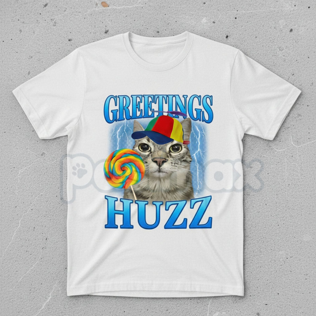 Pasimax "Greetings Huzz" Lollipop Cat Meme T-Shirt - Funny Silly Brainrot Cat Tee, Viral Internet Humor Graphic Shirt, Ironic