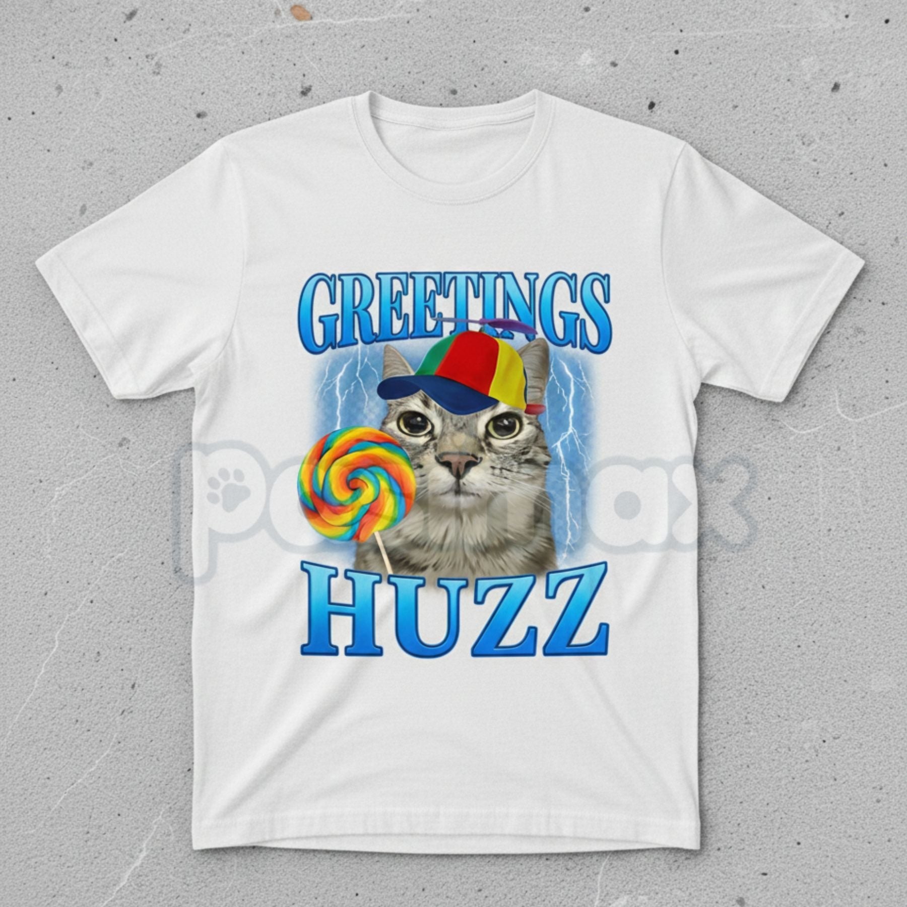 Pasimax "Greetings Huzz" Lollipop Cat Meme T-Shirt - Funny Silly Brainrot Cat Tee, Viral Internet Humor Graphic Shirt, Ironic