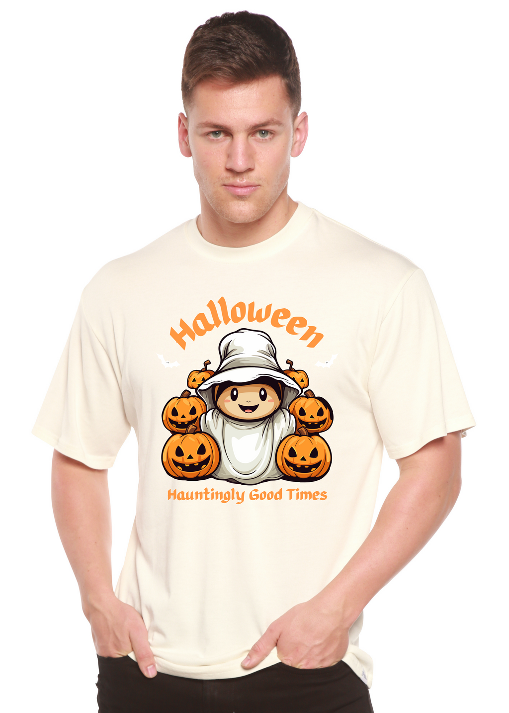 Spun Bamboo Halloween Hauntingly Good Times Day Men's Bamboo Viscose/Organic Cotton Short Sleeve Graphic T-Shirt — lifestyle 