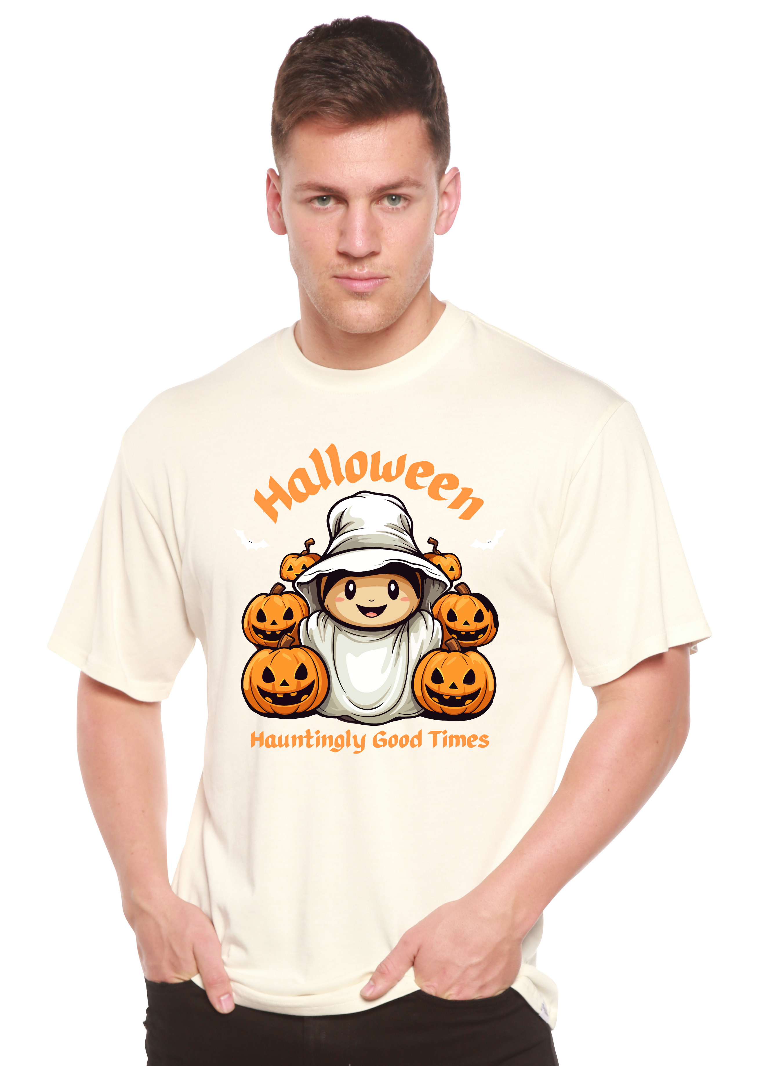 Spun Bamboo Halloween Hauntingly Good Times Day Men's Bamboo Viscose/Organic Cotton Short Sleeve Graphic T-Shirt — lifestyle 