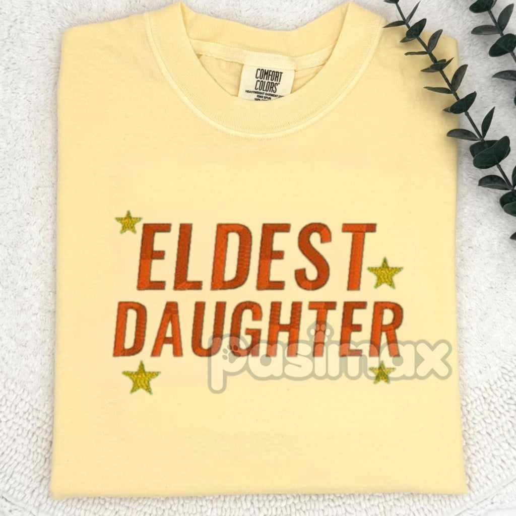 Pasimax Eldest Daughter Embroidered Comfort Colors T-Shirt — detail close-up
