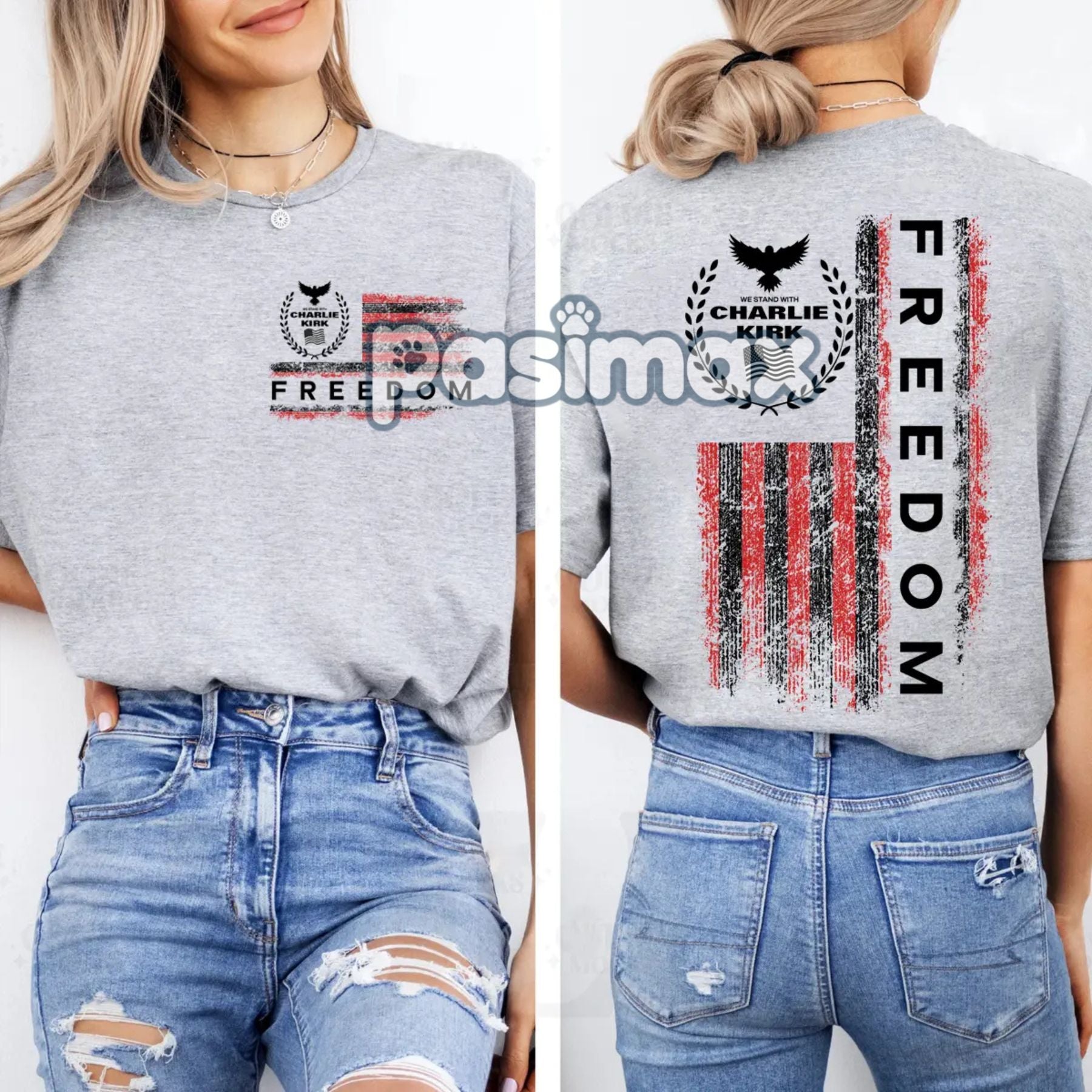 Pasimax Freedom Charlie Kirk USA Flag T-Shirt — detail close-up