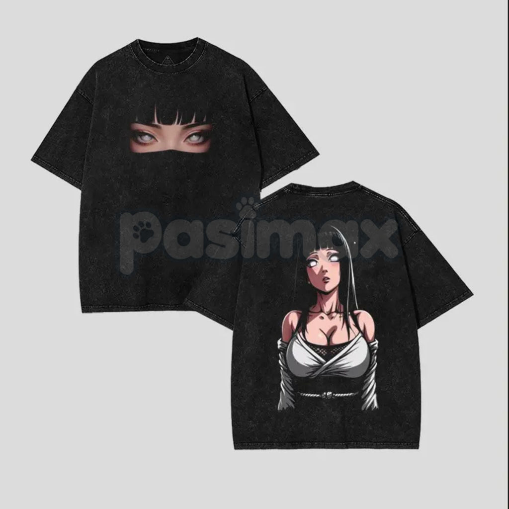 Pasimax Hinata Hyuga Naruto Double Printed Vintage Washed Tee – Byakugan Princess Retro Anime Streetwear — detail close-up