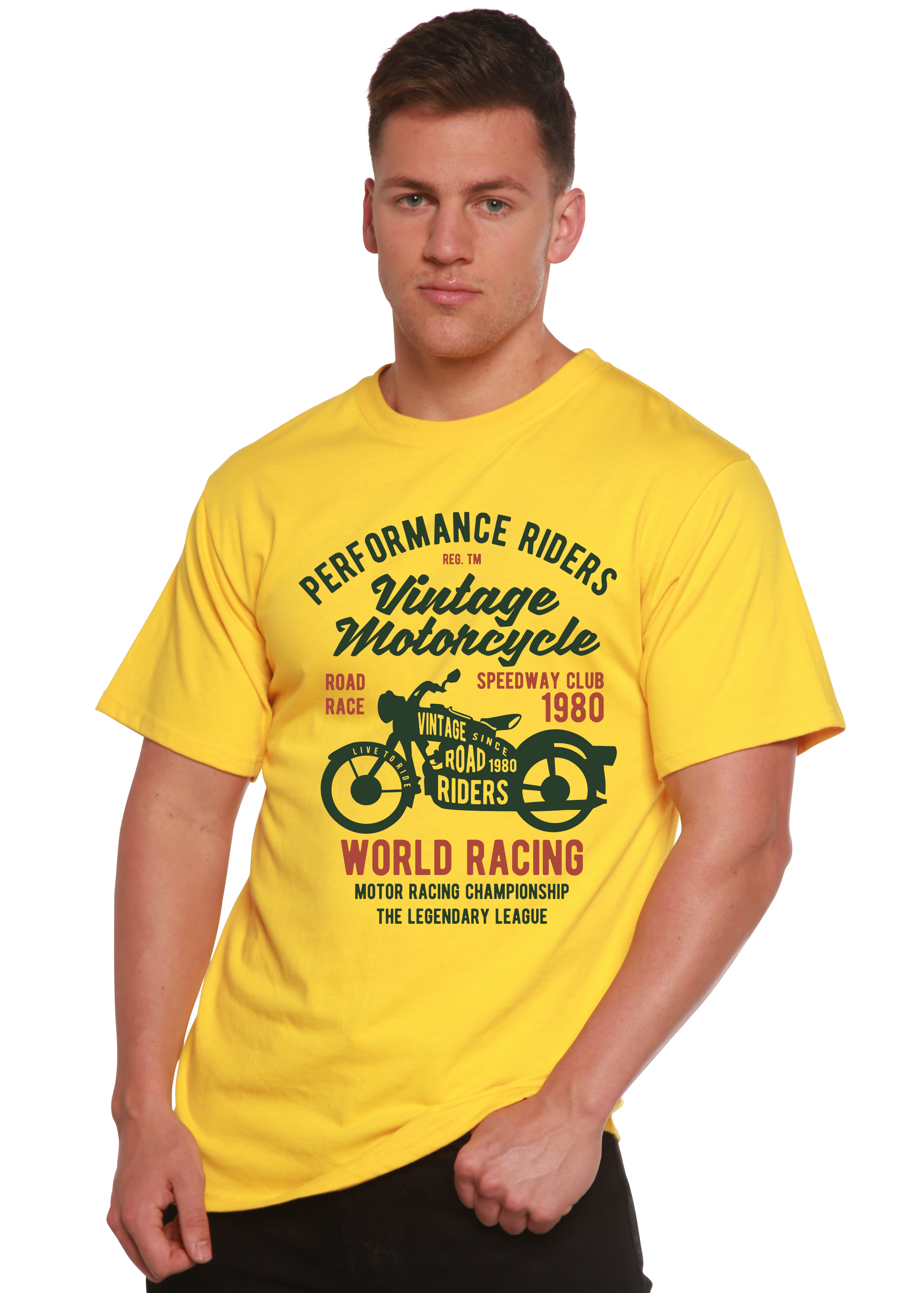 Spun Bamboo Vintage Motorcycle Spun Bamboo® Men's Bamboo Viscose/Organic Cotton Short Sleeve Graphic T-Shirt — detail close-u