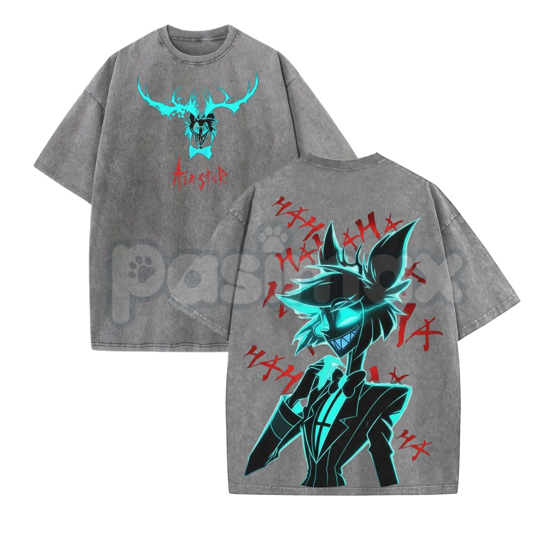 Pasimax Alastor Hazbin Hotel T-Shirt – Vintage Washed Oversized Graphic Tee, Radio Demon Merch — detail close-up