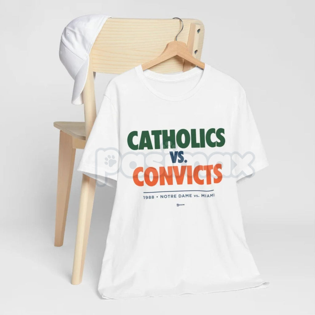 Pasimax "Catholics vs Convicts" T-Shirt - Notre Dame vs Miami 1988 Rivalry Tee, Vintage College Football History Apparel, Uni