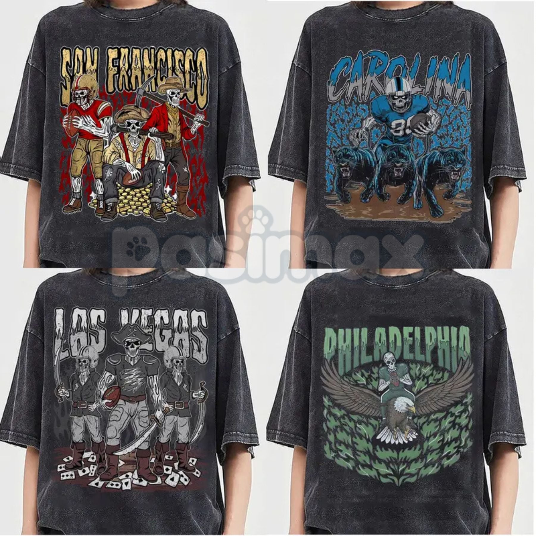 Pasimax Teams Football Skull Vintage Washed T-Shirt — back view