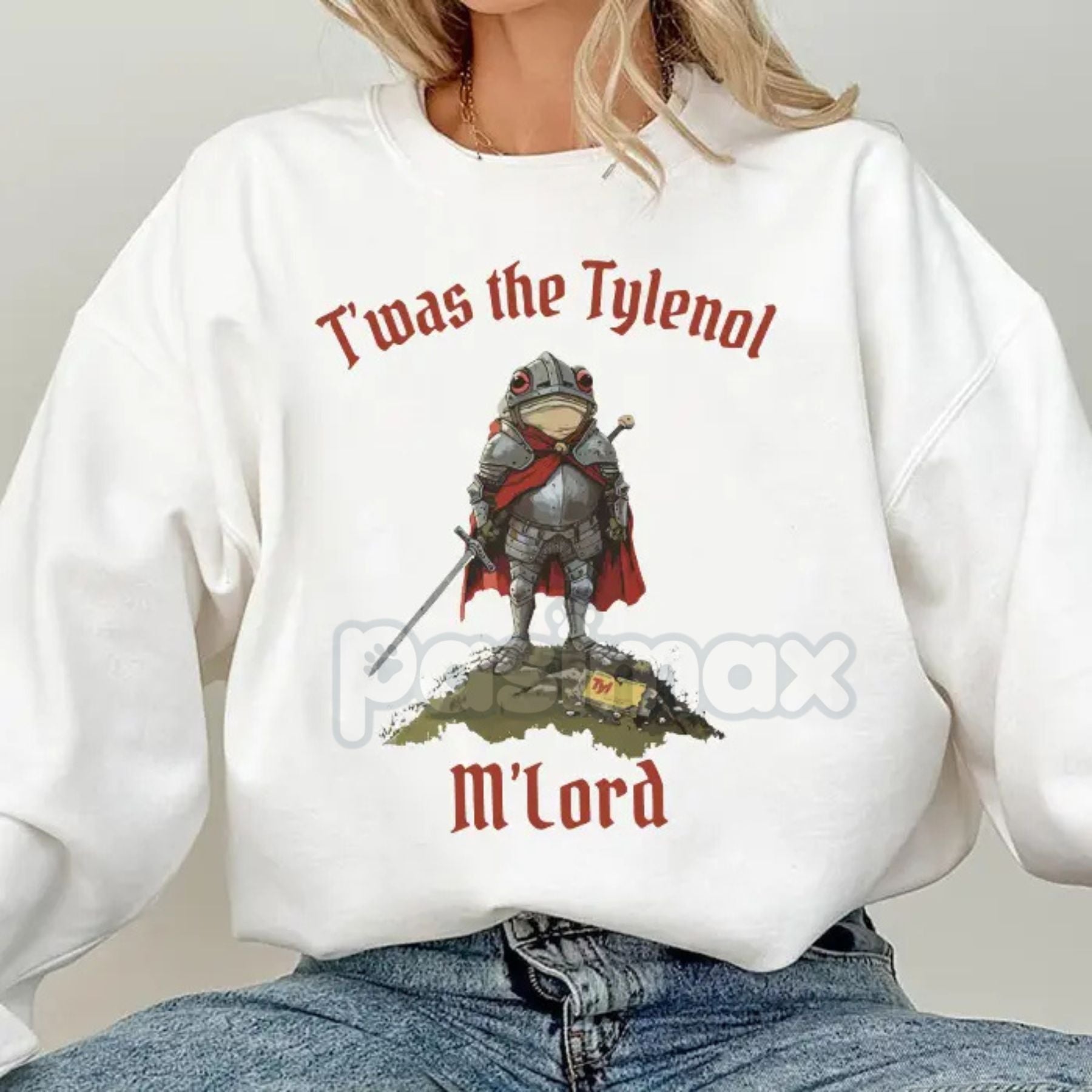 Pasimax "Twas the Tylenol M'Lord" Funny Meme T-Shirt – Anti-RFK Jr. Pro-Science Liberal Frog Tee — detail close-up