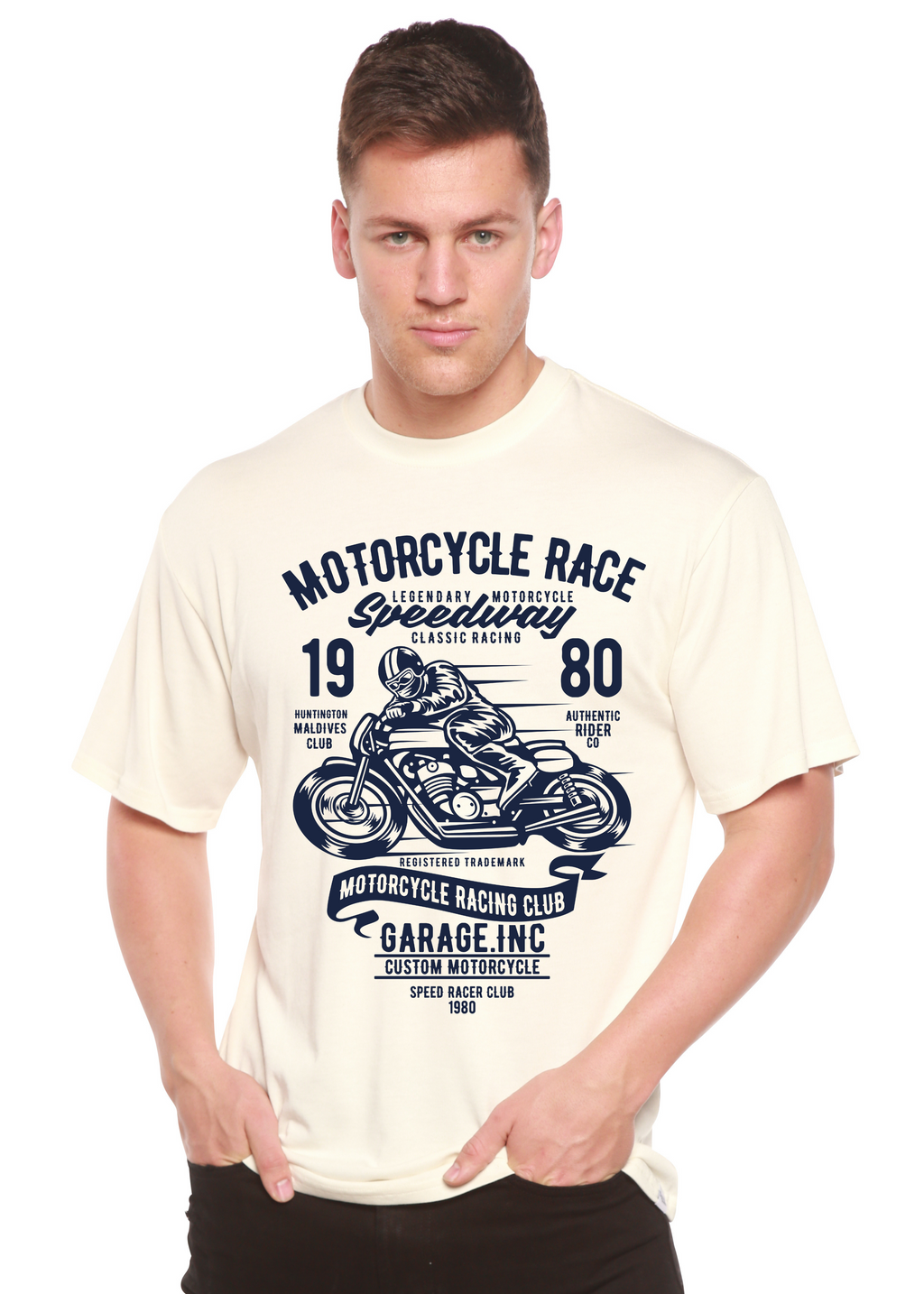 Spun Bamboo Motorcycles Race Men's Bamboo Viscose/Organic Cotton Short Sleeve Graphic T-Shirt — detail close-up