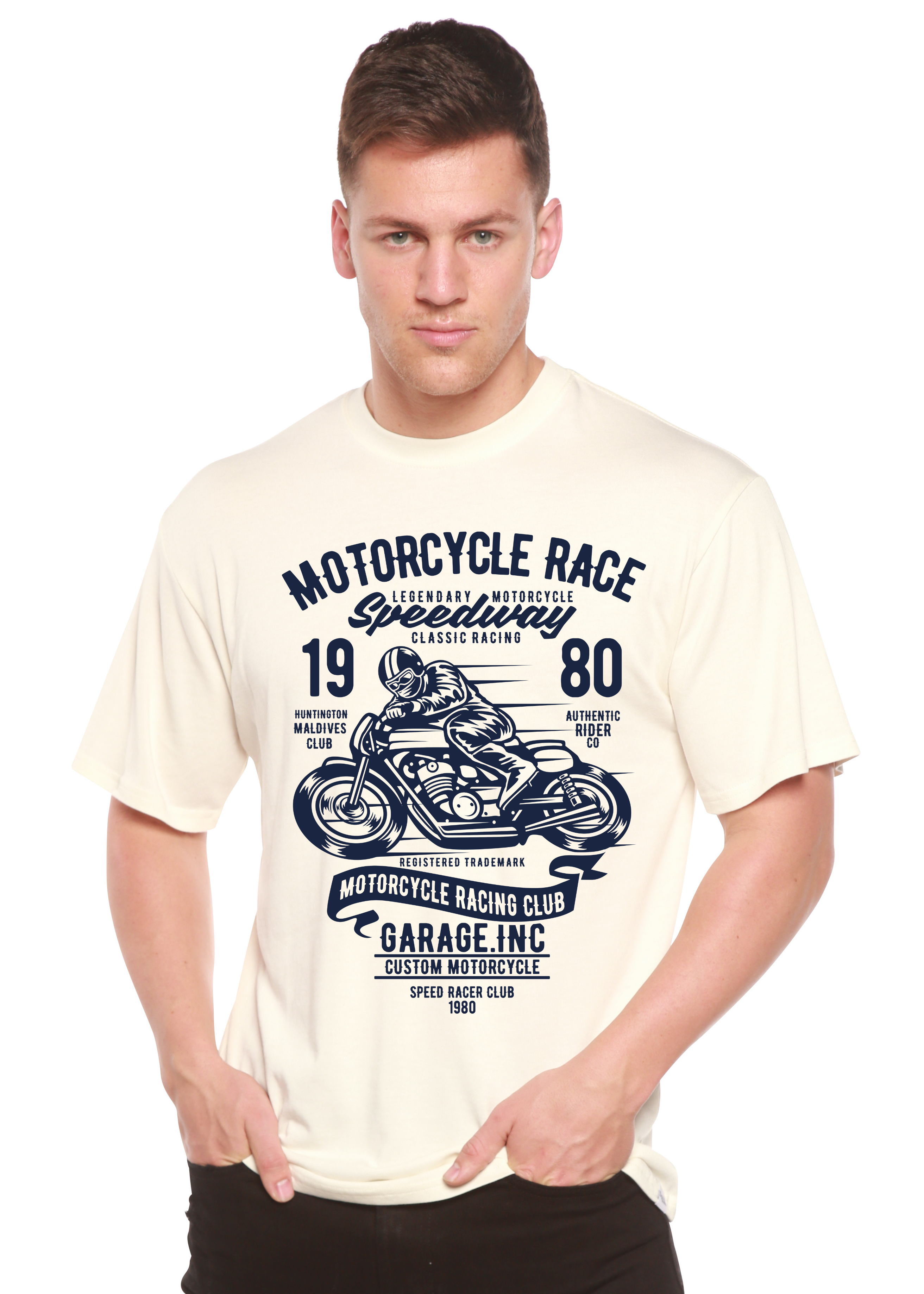 Spun Bamboo Motorcycles Race Men's Bamboo Viscose/Organic Cotton Short Sleeve Graphic T-Shirt — detail close-up