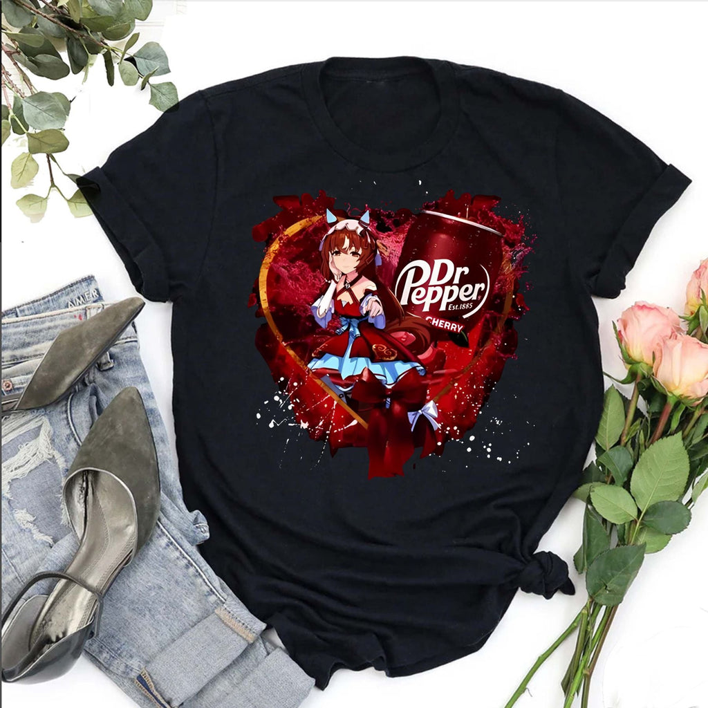 Pasimax Uma Musume x Dr. Pepper T-Shirt - Anime Maid & Soda Print Tee, Cute Crossover Shirt — detail close-up