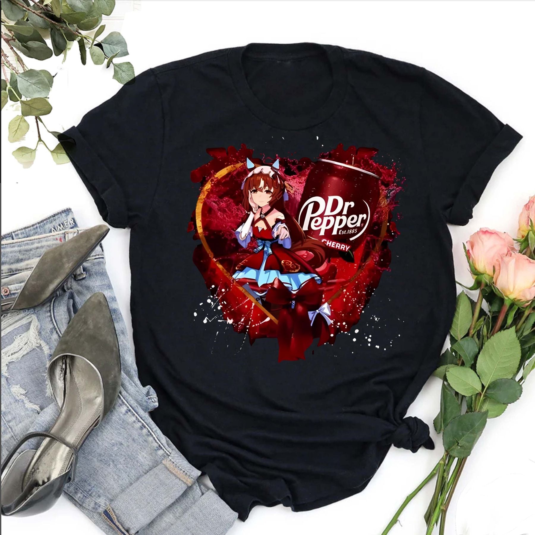 Pasimax Uma Musume x Dr. Pepper T-Shirt - Anime Maid & Soda Print Tee, Cute Crossover Shirt — detail close-up