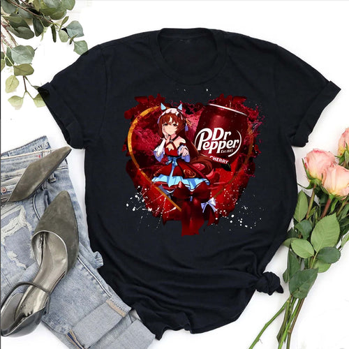 Uma Musume x Dr. Pepper T-Shirt - Anime Maid & Soda Print Tee, Cute Crossover Shirt
