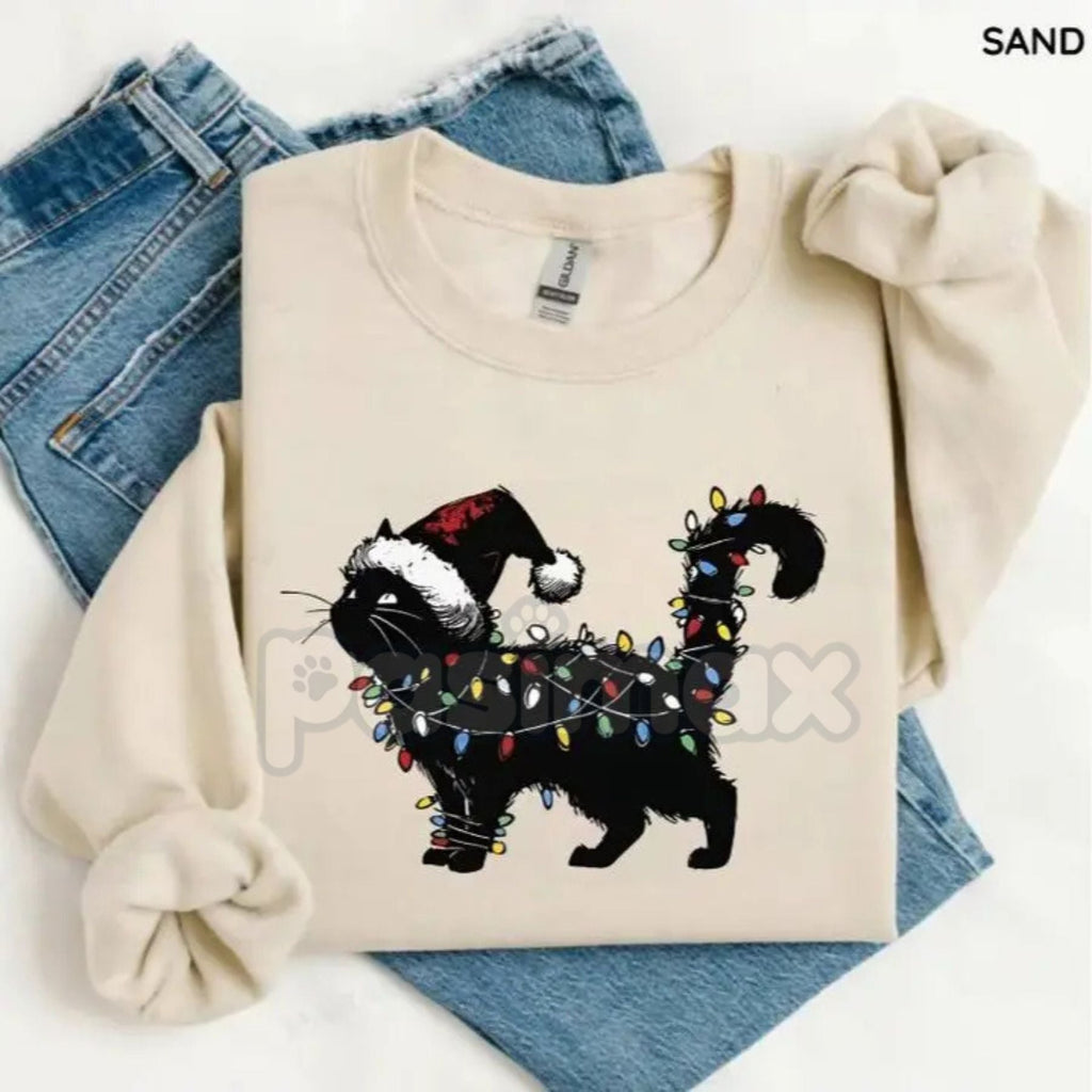 Pasimax Cute Cat Christmas Sweatshirt – Funny Feline Holiday Crewneck on a Gildan 18000 — detail close-up