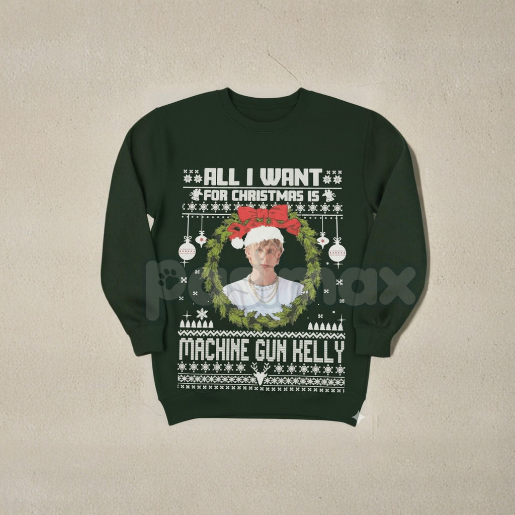 Pasimax MGK "All I Want For Xmas" Sweatshirt – Machine Gun Kelly Music Holiday Crewneck — detail close-up