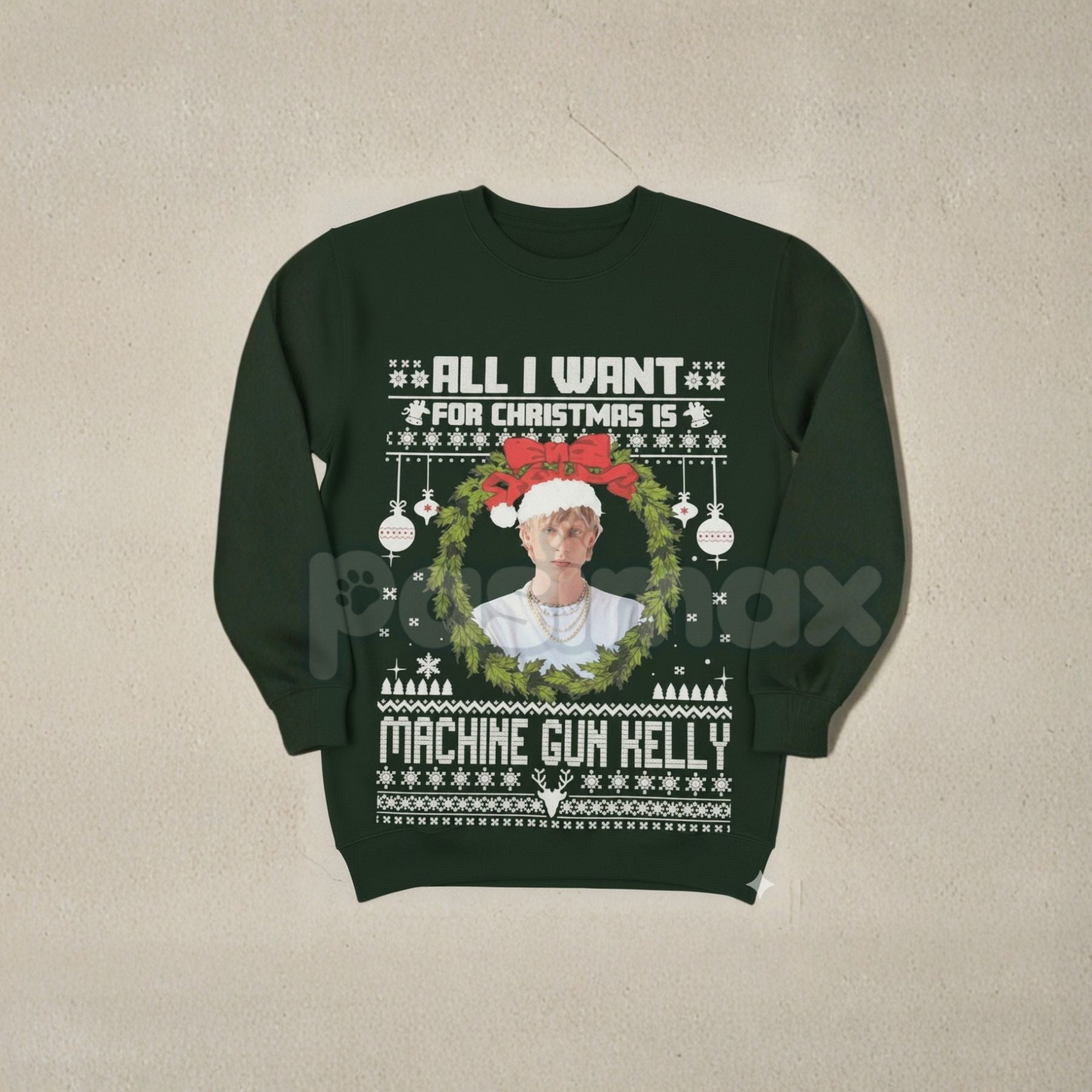Pasimax MGK "All I Want For Xmas" Sweatshirt – Machine Gun Kelly Music Holiday Crewneck — detail close-up