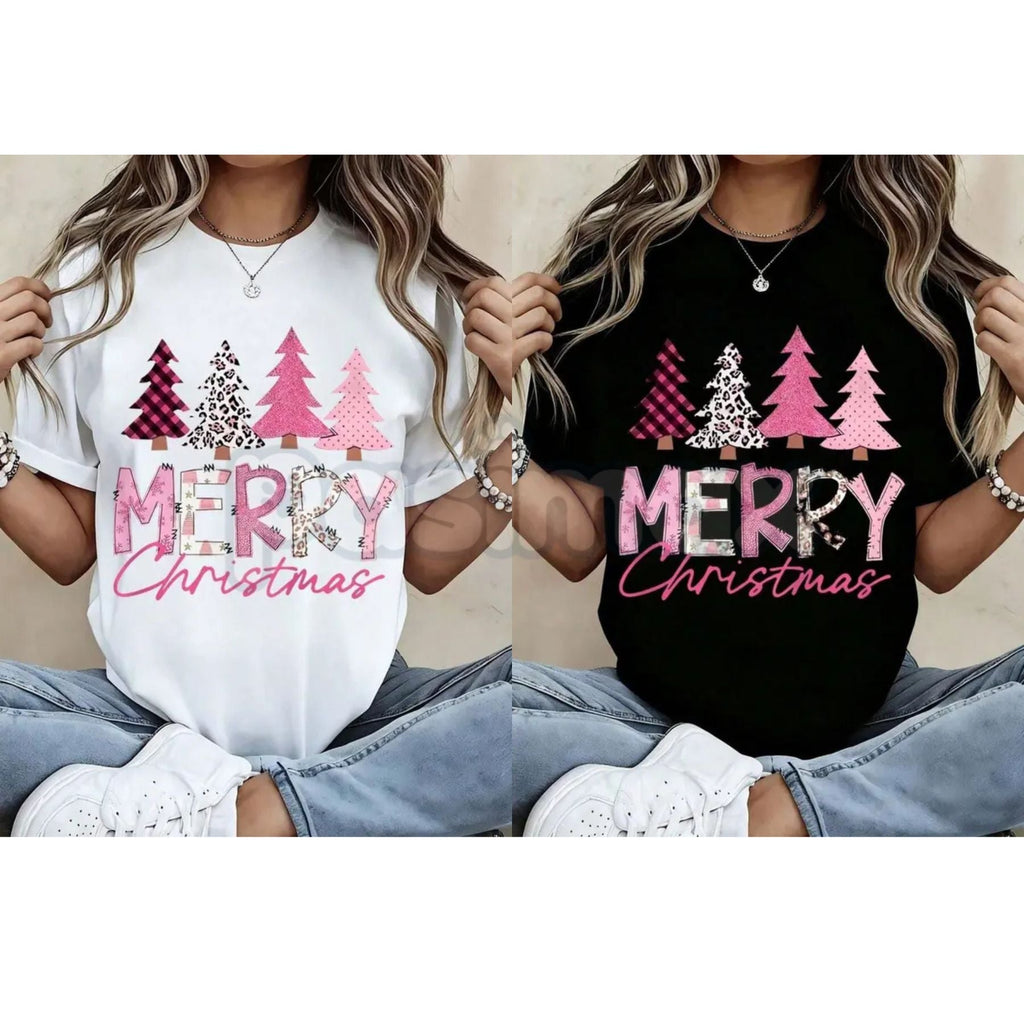Pasimax Leopard Print Pink Plaid Christmas Trees T-Shirt - Glam Holiday Statement Tee, Maximalist Festive Fashion for Women, 