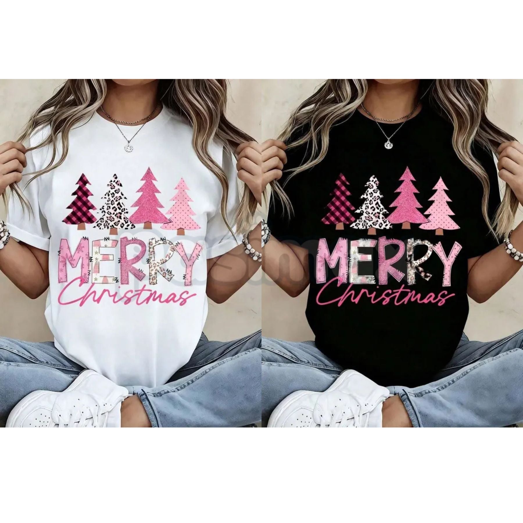 Pasimax Leopard Print Pink Plaid Christmas Trees T-Shirt - Glam Holiday Statement Tee, Maximalist Festive Fashion for Women, 