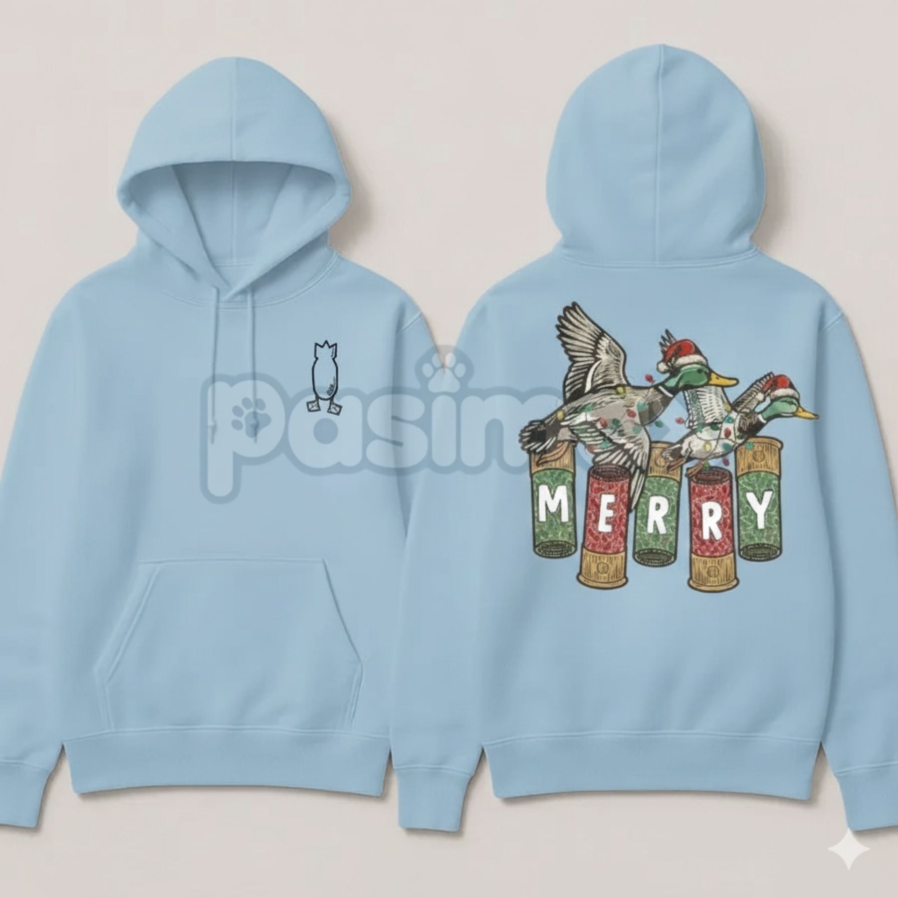 Pasimax Merry Duck Hoodie – Funny Christmas Duck Graphic Pullover, Festive Holiday Humor Apparel, Unisex — detail close-up
