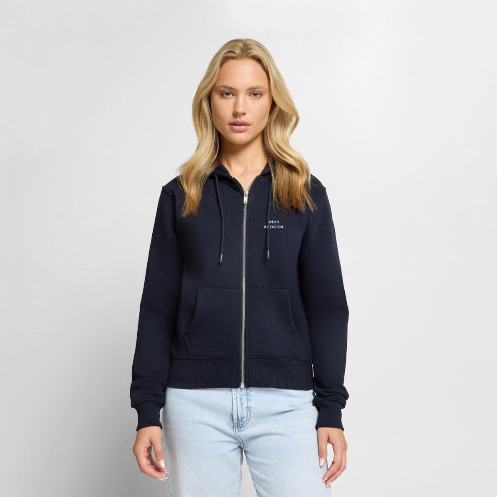 WONENA Wear Intention Women's Premium Organic Zip Hoodie — detail close-up