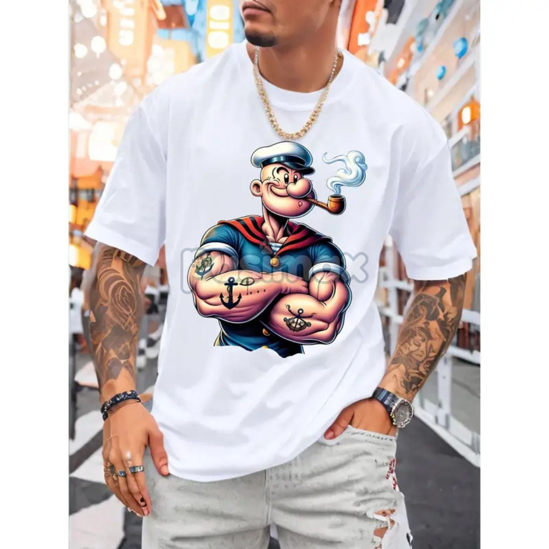 Pasimax Men's Popeye Printed Urban Casual T-Shirt - Classic Cartoon Graphic Tee, Short Sleeved Round Neck — detail close-up