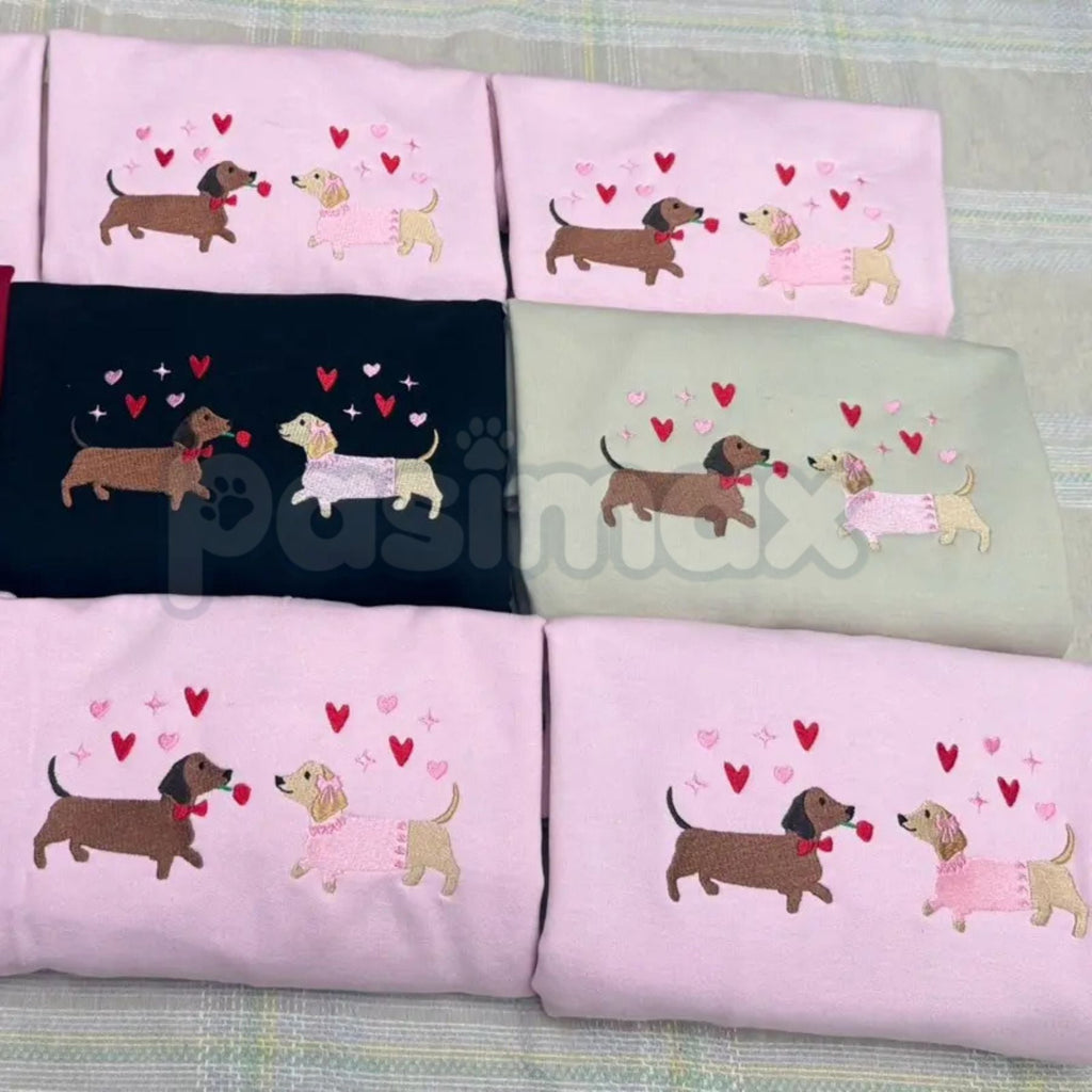Pasimax Embroidered Dachshund Valentine’s Day Sweatshirt – Cute Doxie Heart Crewneck — detail close-up