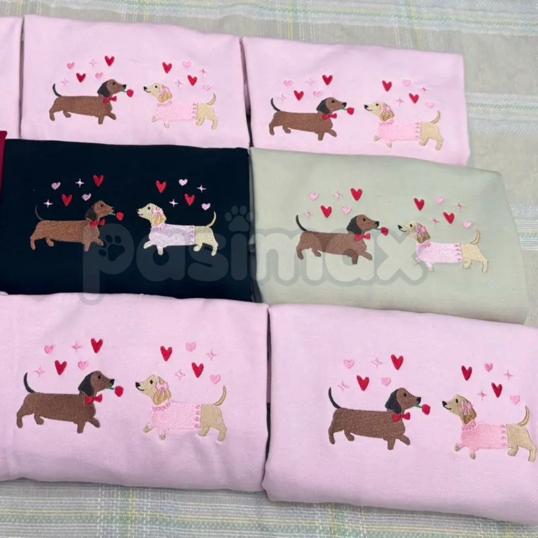 Pasimax Embroidered Dachshund Valentine’s Day Sweatshirt – Cute Doxie Heart Crewneck — detail close-up