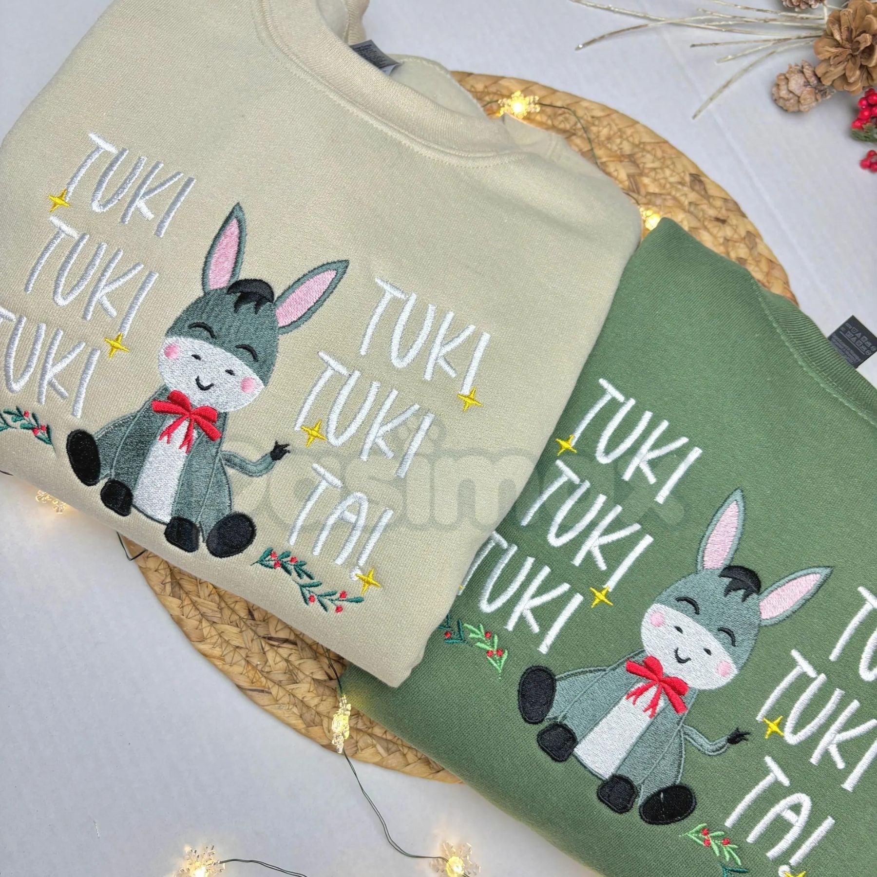 Pasimax Mi Burrito Sabanero "Tuki Tuki Tuki" Embroidered Sweatshirt – Latin Christmas Crewneck — detail close-up