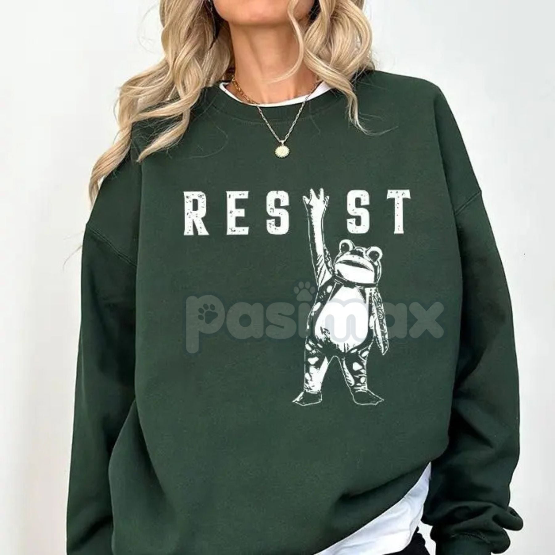 Pasimax Resist Frog Rage Against The Machine Sweatshirt – I Stand With Frog Political Satire Crewneck — detail close-up
