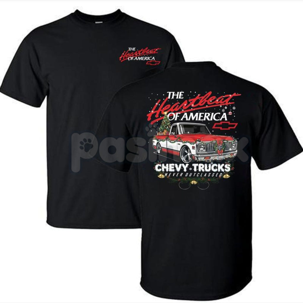 Pasimax Retro Chevy Heartbeat of America Christmas T-Shirt - Vintage Holiday Automotive Tee, Iconic Chevy Slogan Xmas Gift, A