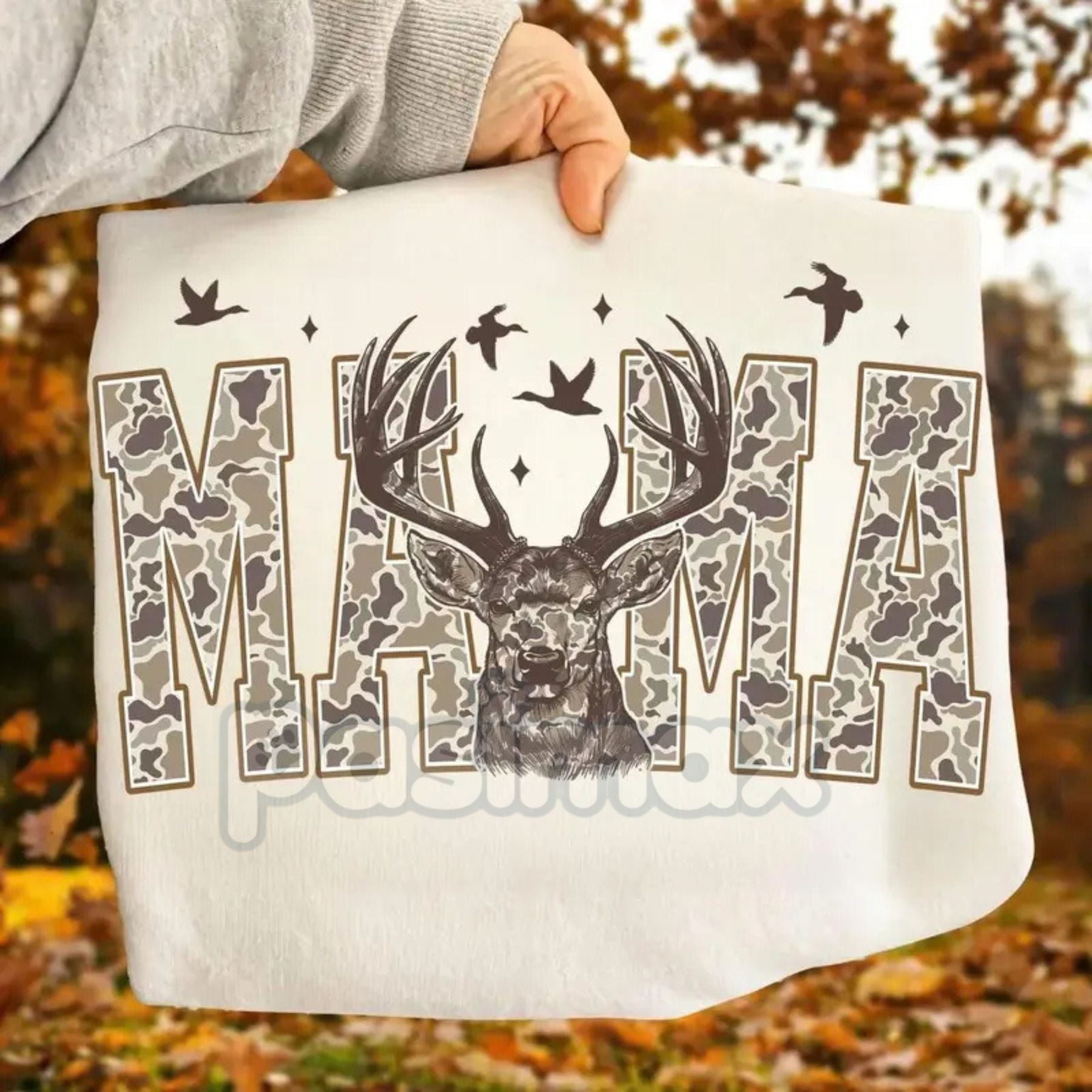 Pasimax "Camo Mama" Deer Hunting Camouflage T-Shirt - Rustic Hunter Mom Gift - Unisex Outdoors Apparel — detail close-up