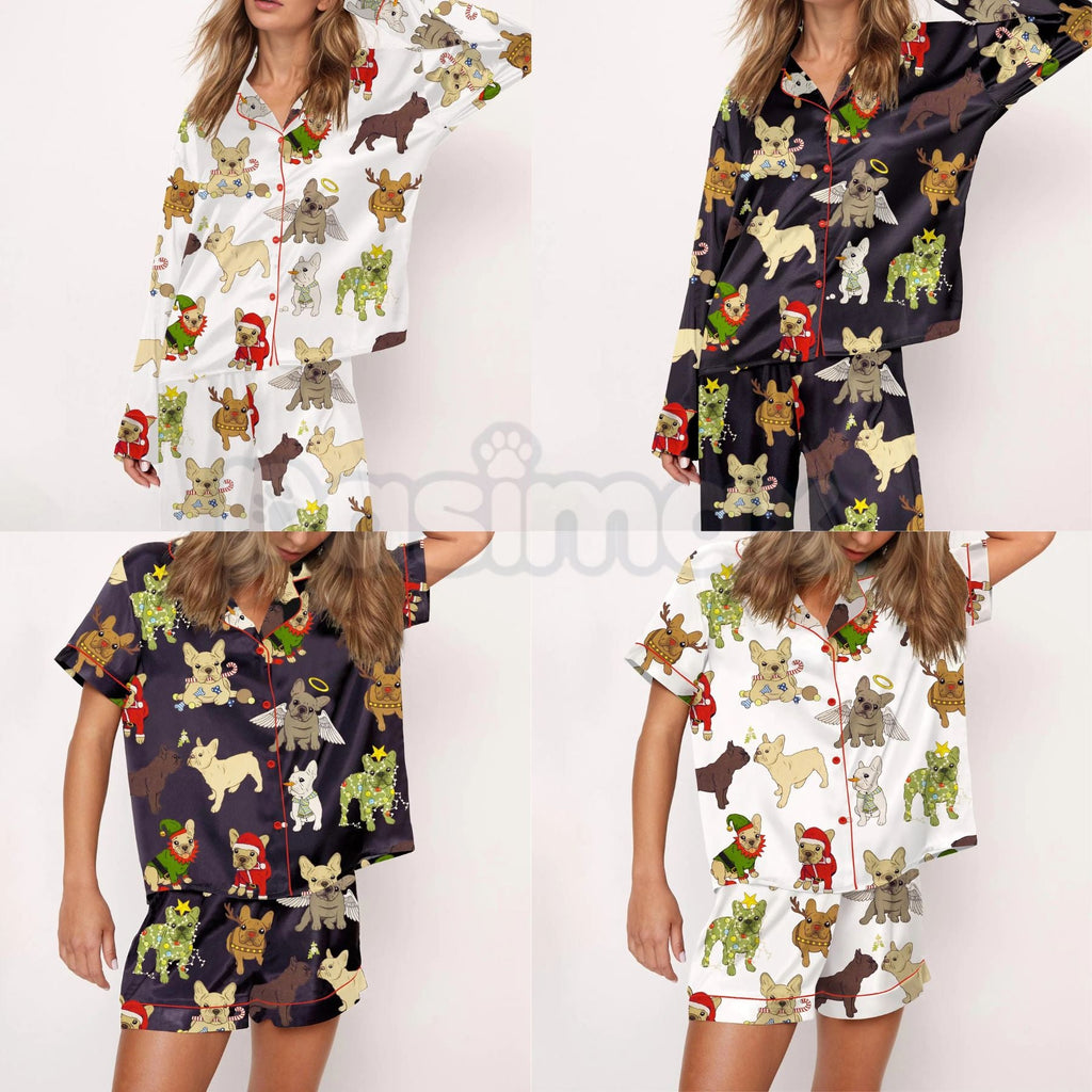 Pasimax Christmas French Bulldog Satin Pajama Set for Women - Comfy Silky Sleepwear & Loungewear PJs — main product shot