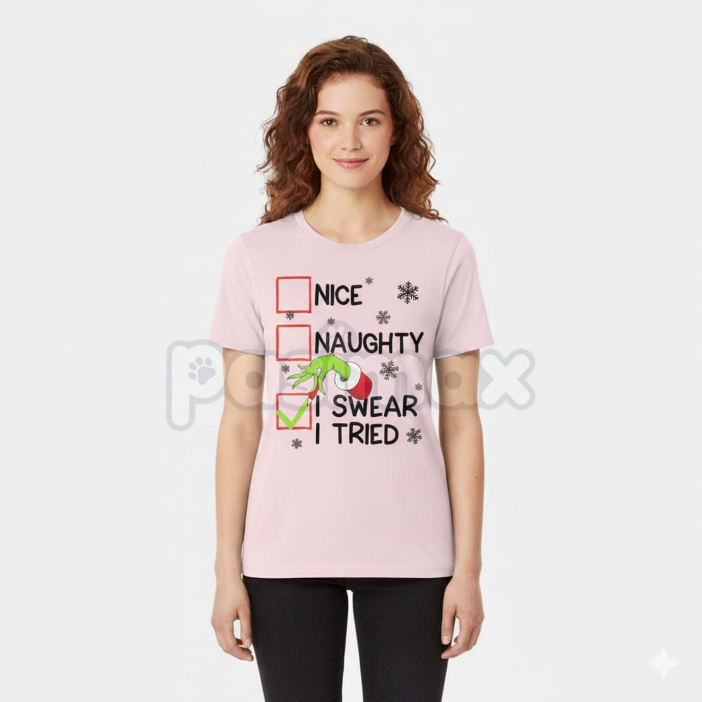 Pasimax Groovy Naughty "I Swear I Tried" Christmas Holiday Unisex Tee - Funny Self-Aware Slogan Shirt, Retro Christmas Humor 