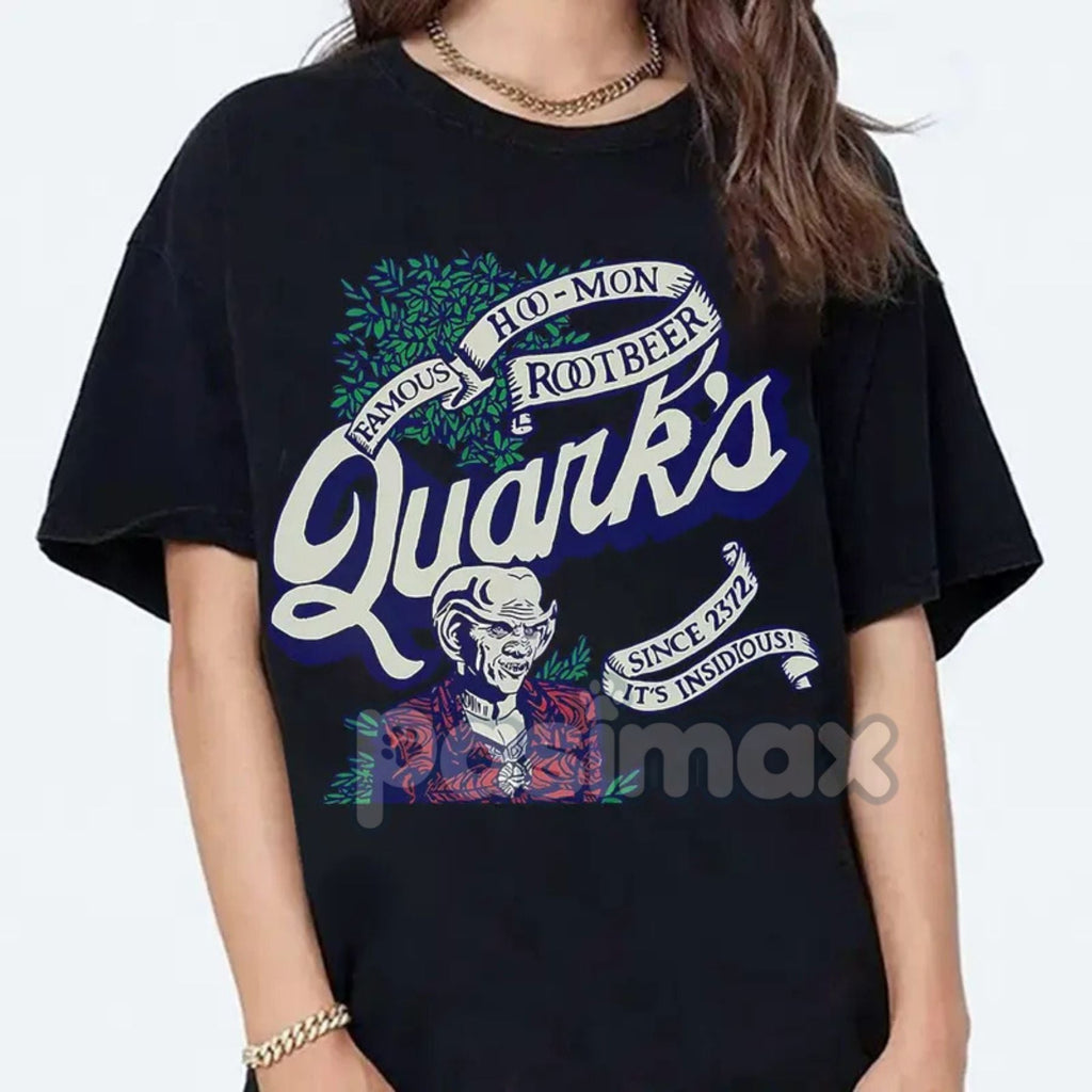 Pasimax Quark's Root Beer T-Shirt - Star Trek Deep Space Nine Insidious Tee, Retro Sci-Fi Fan Apparel — detail close-up