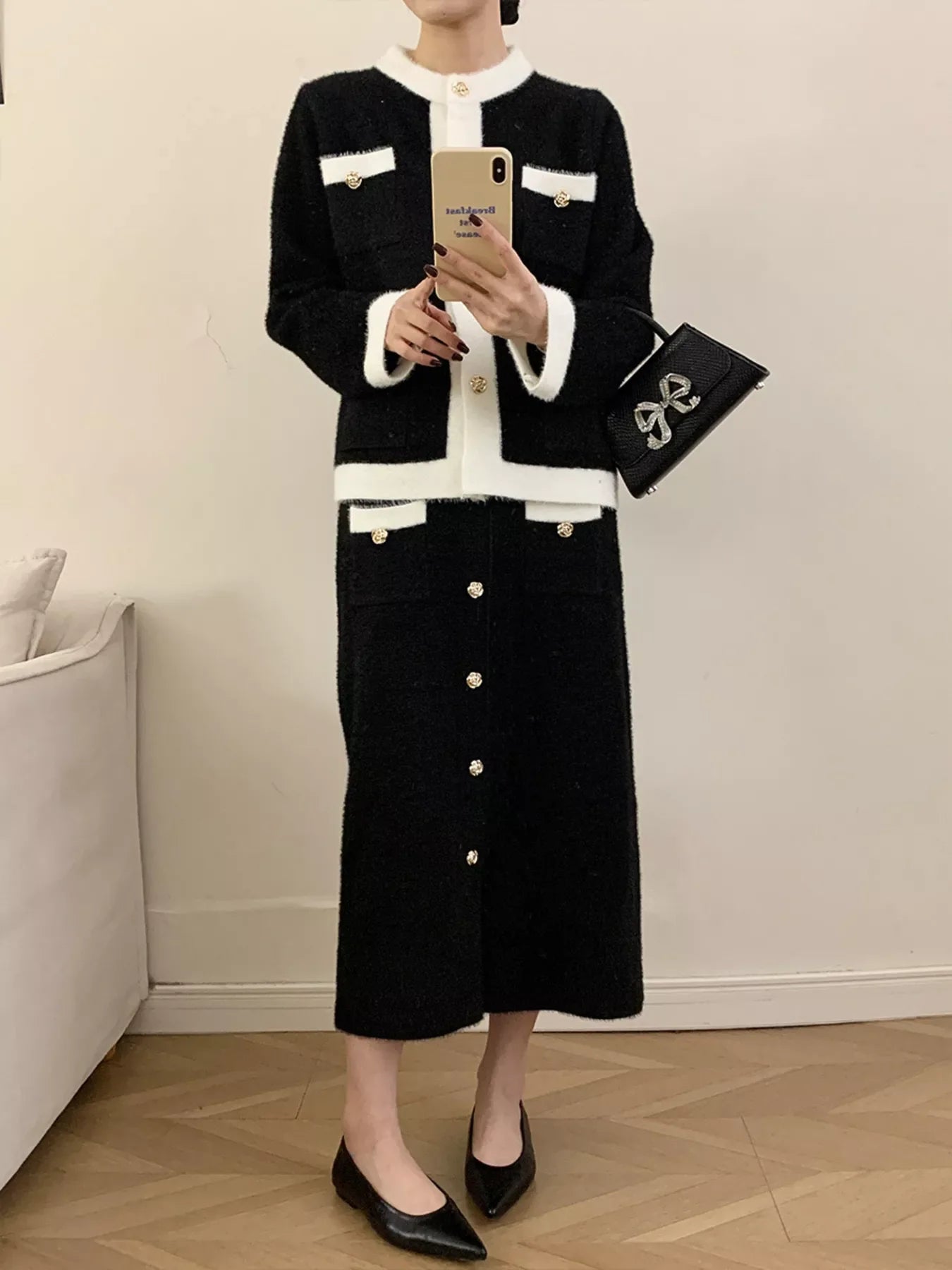 Contrast Trim Jacket and Skirts Sweater Set