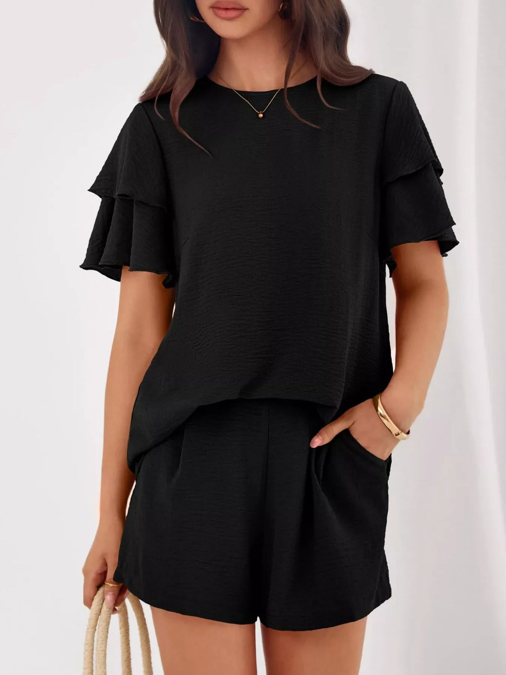 Ruffle Sleeve Top and Shorts Two-Piece Set