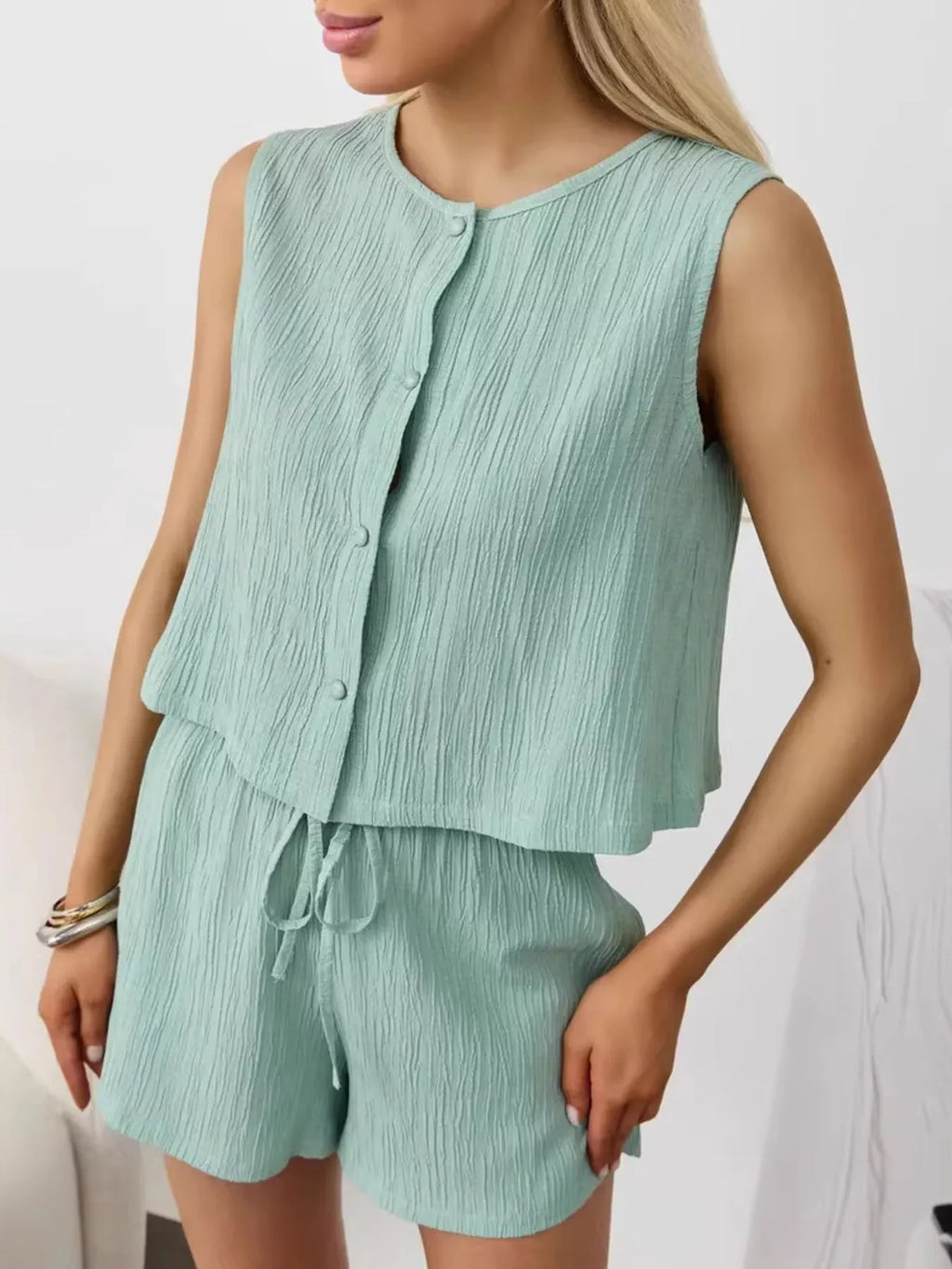 Textured Round Neck Tank and Shorts Set