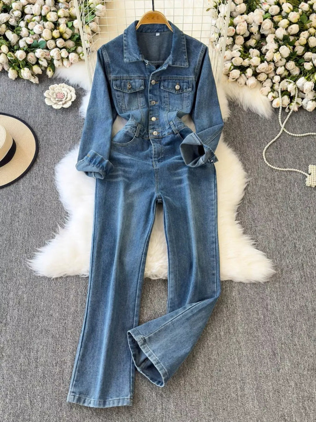 Button Front Wide Leg Denim Jumpsuit