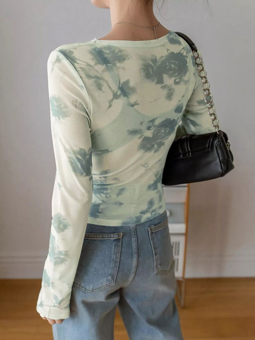 Floral Print Sheer Mesh Long Sleeve T-Shirt