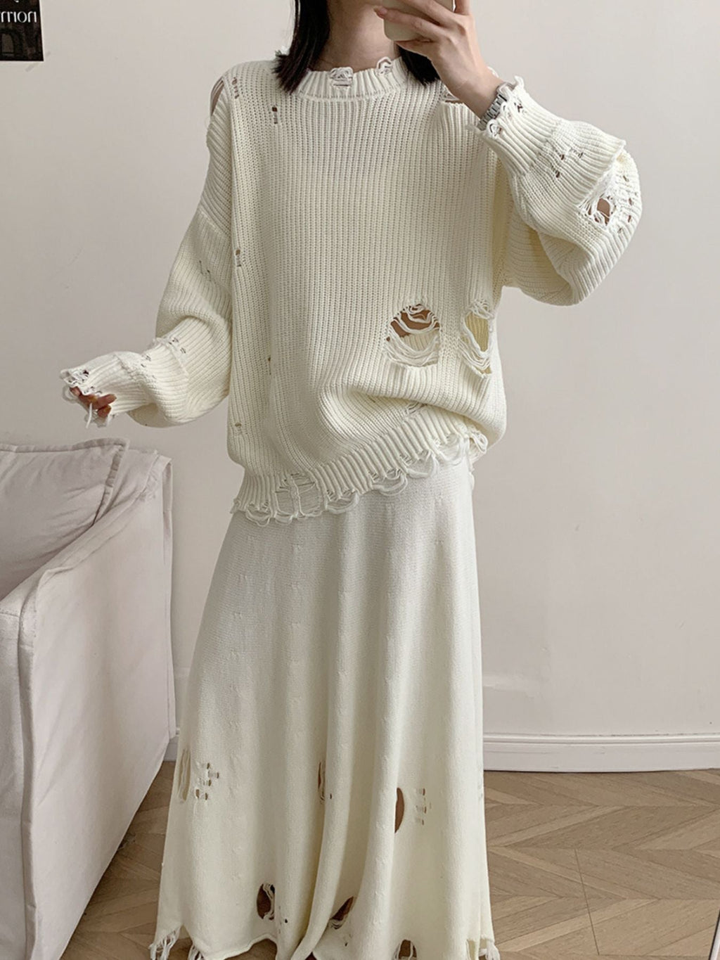 Distressed Long Sleeve Sweater and Skirt Set
