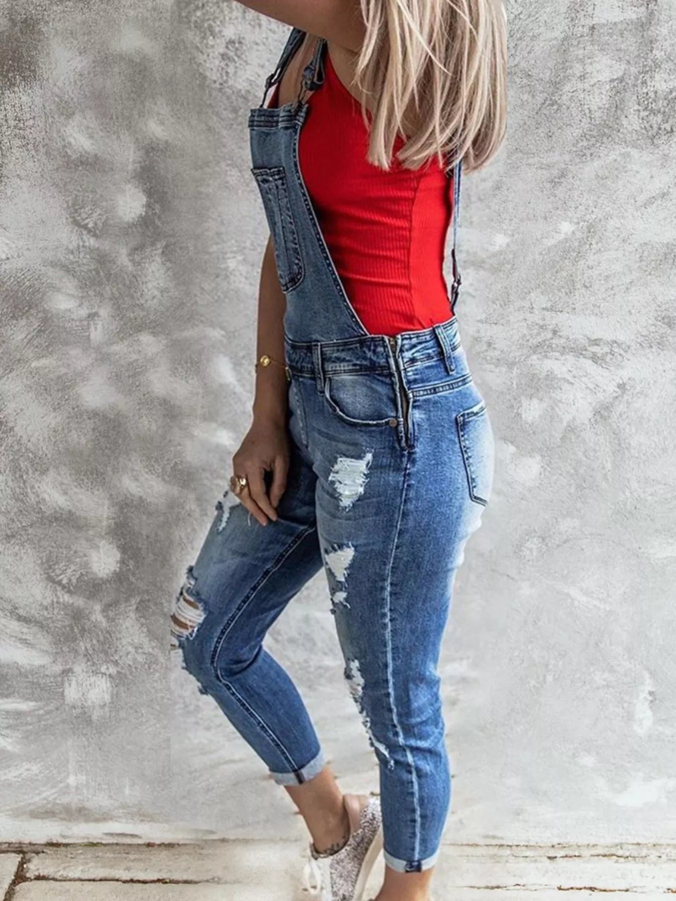 Wide Strap Distressed Denim Overalls