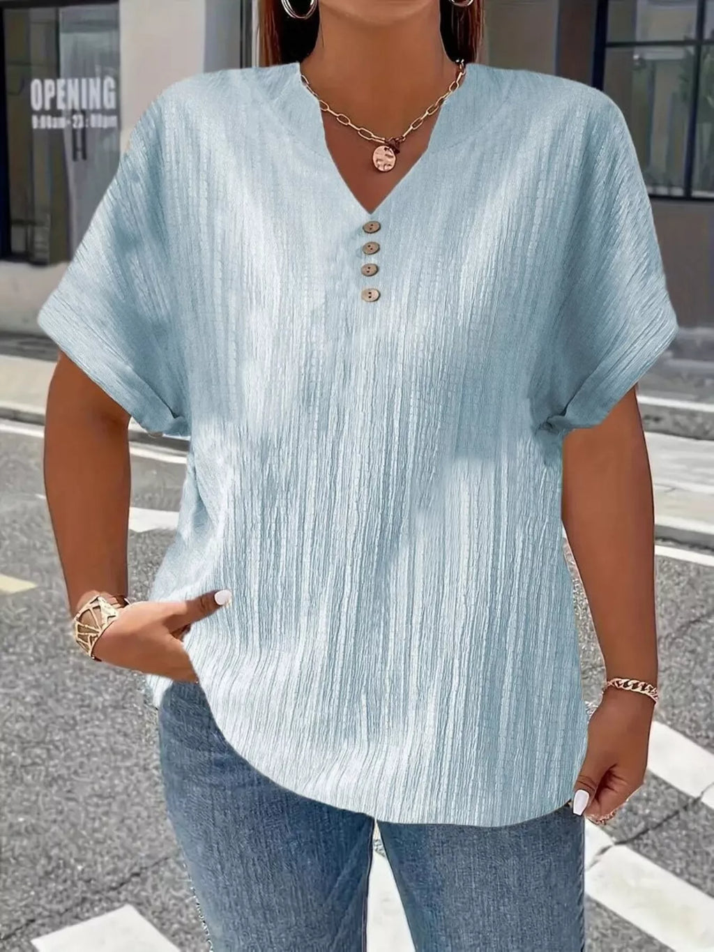 Plus Size Notched Short Sleeve Textured Top